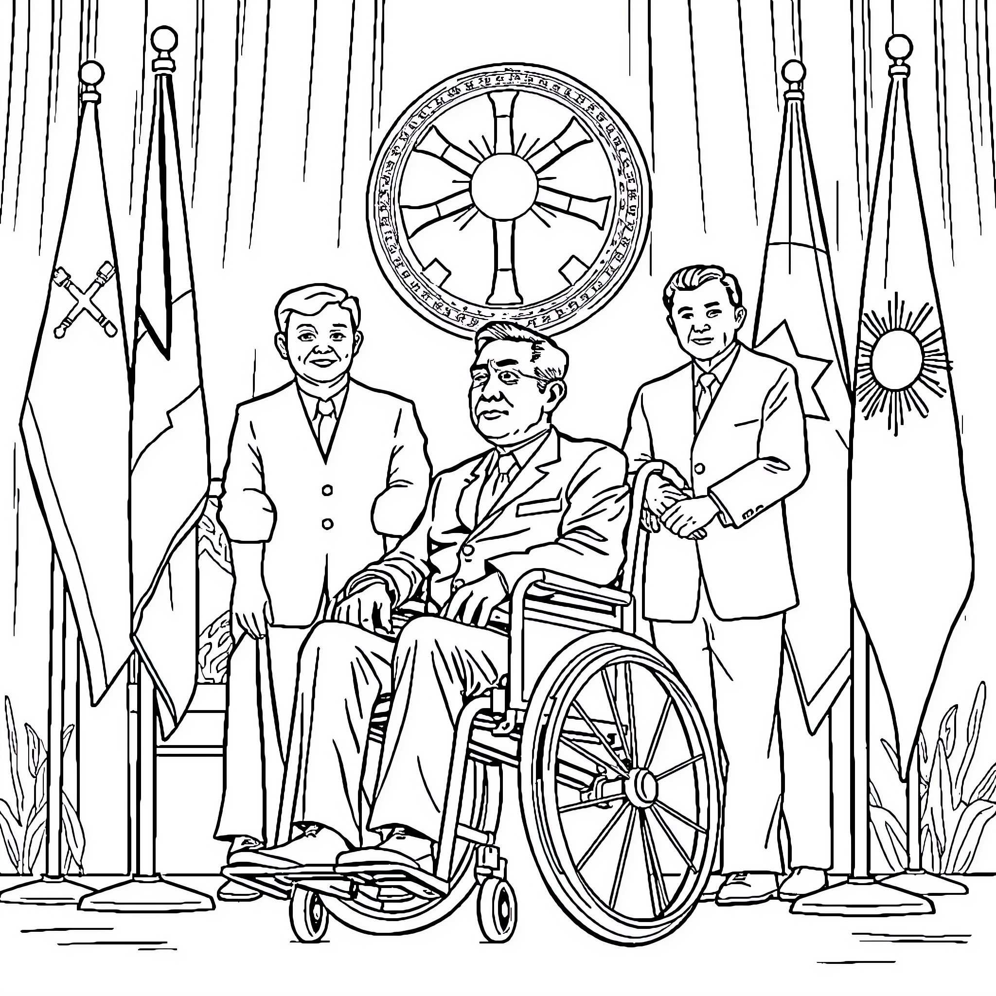 President Surrounded by Assistants in Formal Attire Coloring Page (free black-and-white line drawing printable PDF for all, from beginners to advanced learners, including children, teens, adults, and seniors)