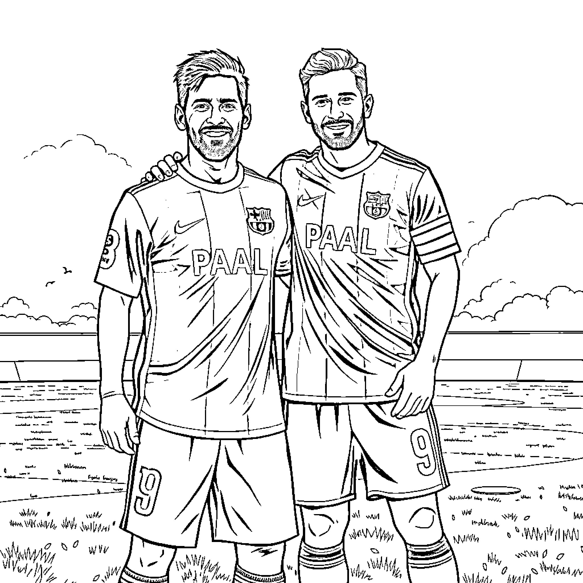 Messi and teammate posing on soccer field Coloring Page (free black-and-white line drawing printable PDF for all, from beginners to advanced learners, including children, teens, adults, and seniors)