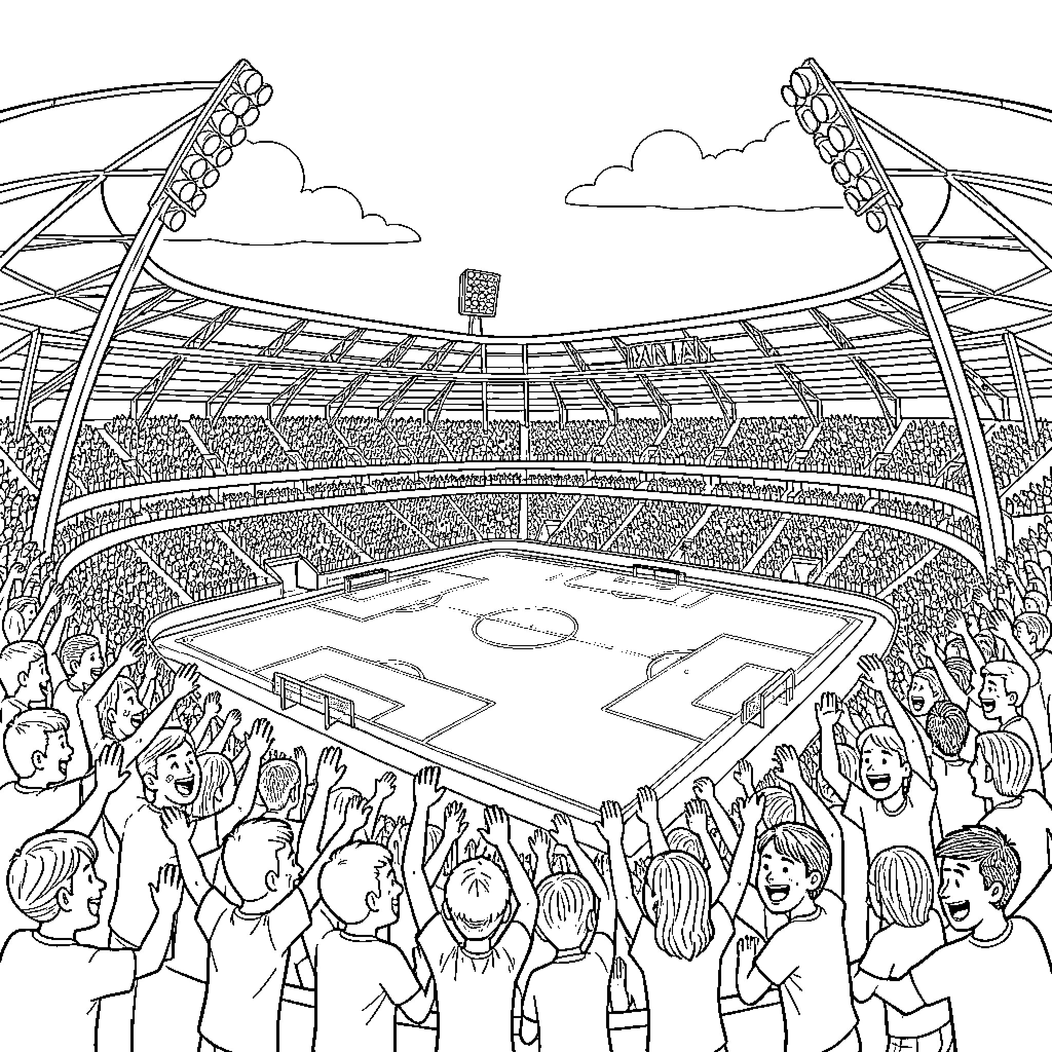 Stadium filled with cheering crowd at a sports event Coloring Page (free black-and-white line drawing printable PDF for all, from beginners to advanced learners, including children, teens, adults, and seniors)