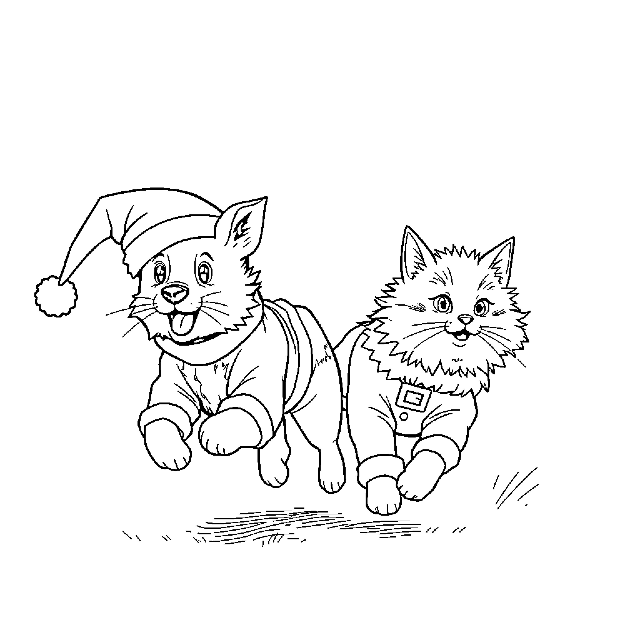 Dog and Cat in Festive Outfits Playing Together Coloring Page (free black-and-white line drawing printable PDF for all, from beginners to advanced learners, including children, teens, adults, and seniors)