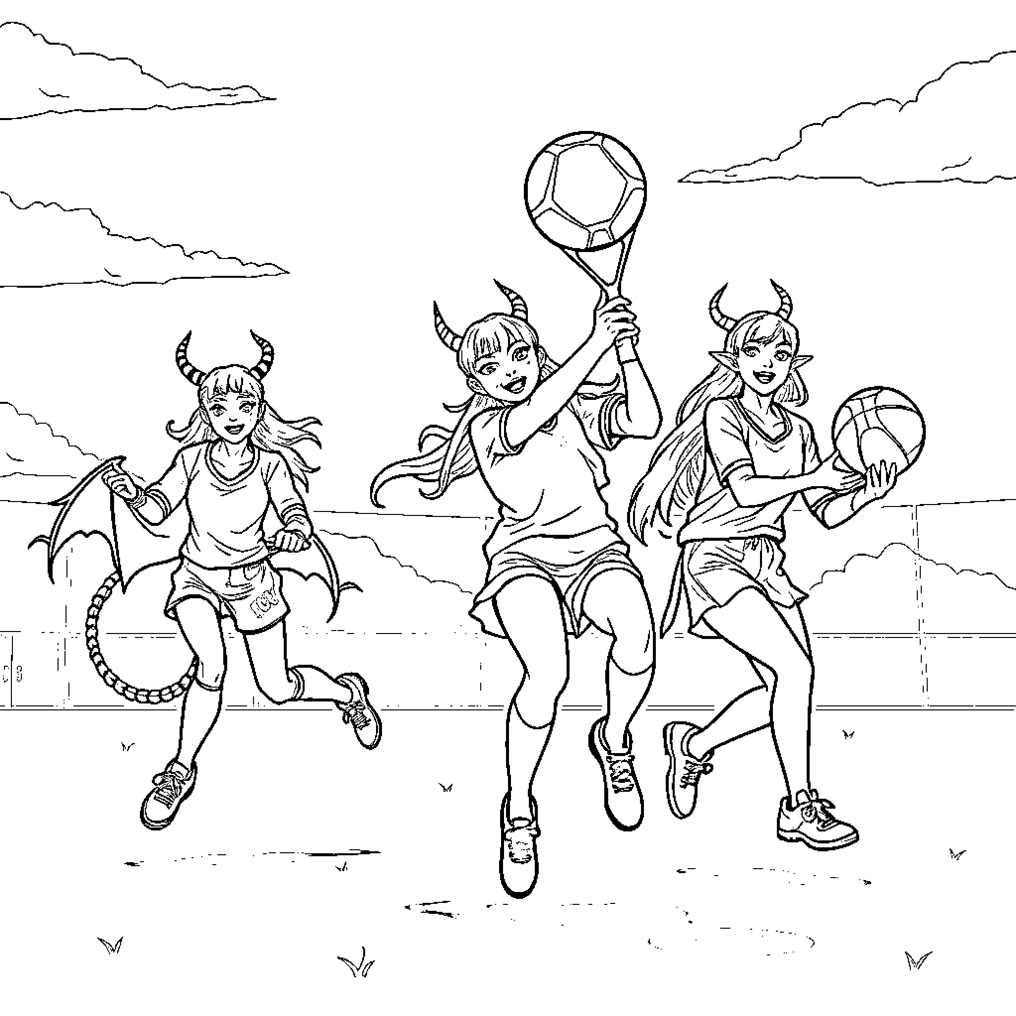 Kpop Demon Hunters in Action on the Court Coloring Page (free black-and-white line drawing printable PDF for all, from beginners to advanced learners, including children, teens, adults, and seniors)