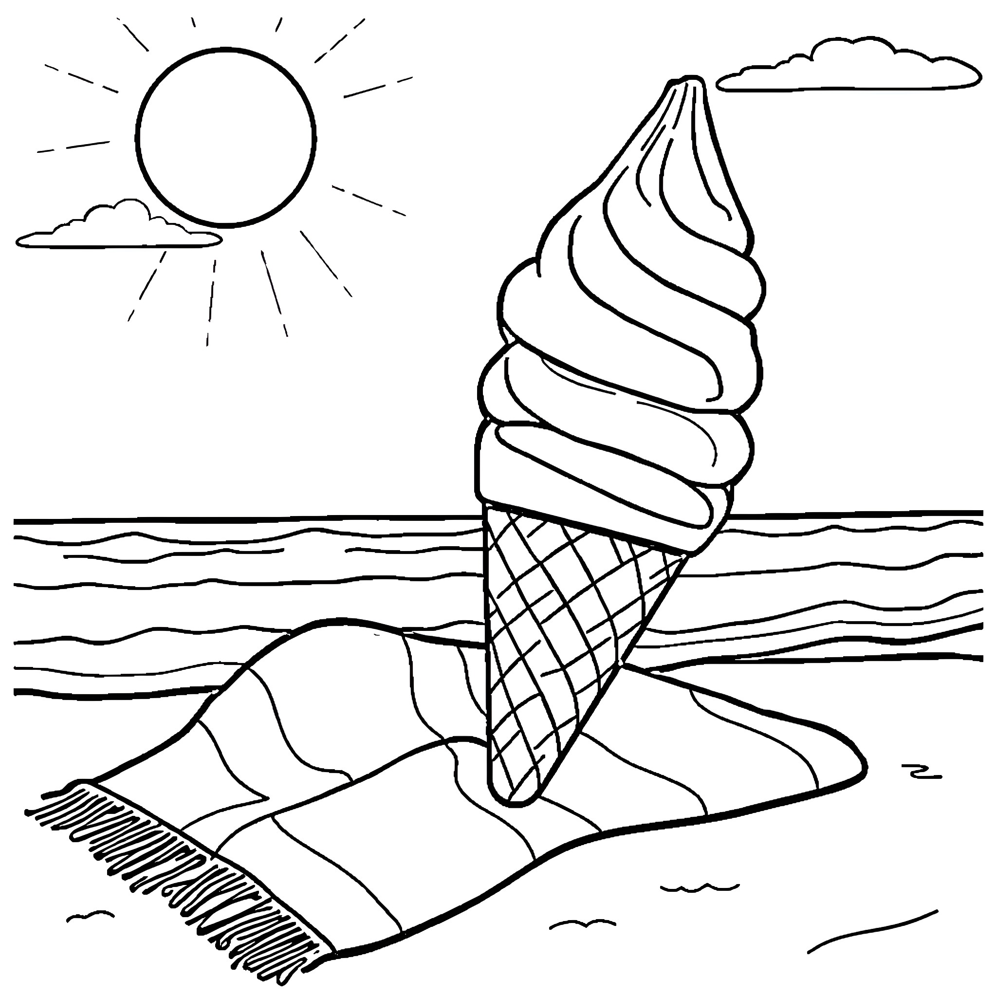 Ice Cream Cone by the Beach Coloring Page (free black-and-white line drawing printable PDF for all, from beginners to advanced learners, including children, teens, adults, and seniors)