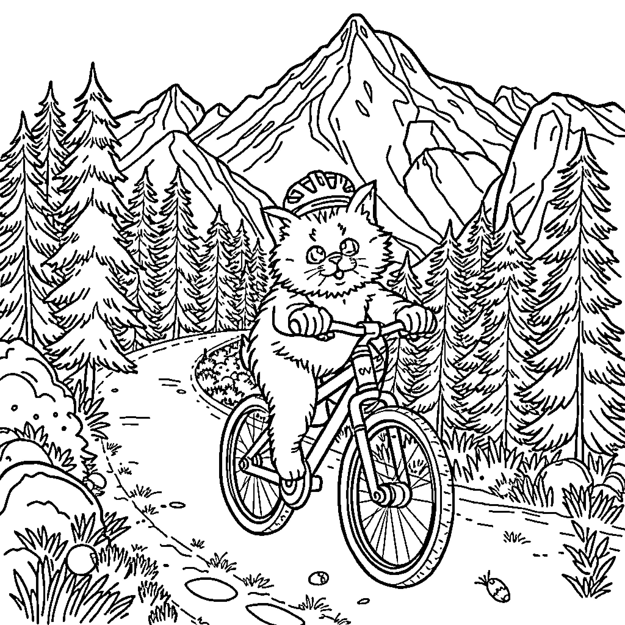 Cat riding a bicycle in the mountains Coloring Page (free black-and-white line drawing printable PDF for all, from beginners to advanced learners, including children, teens, adults, and seniors)