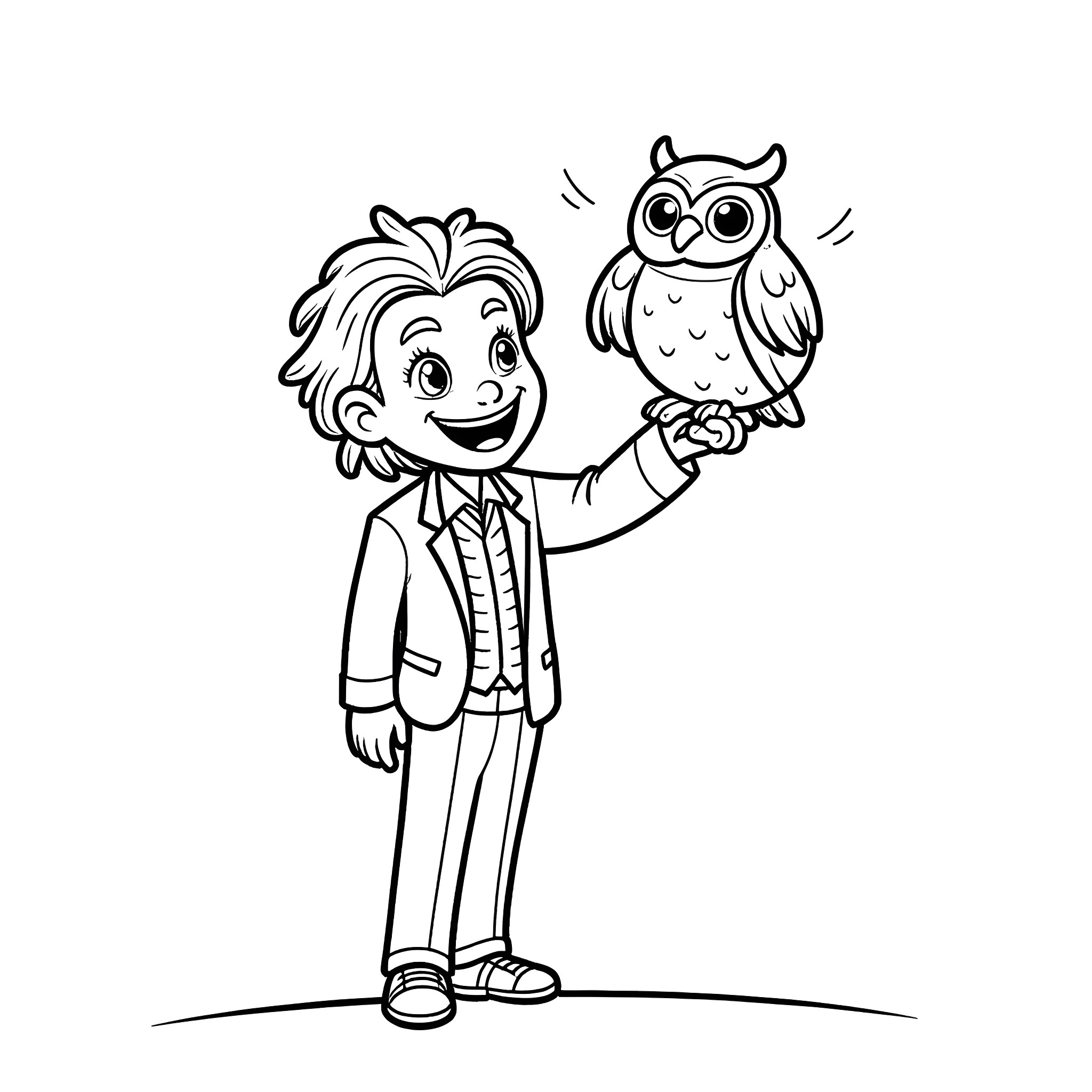 Joker character with an owl friend Coloring Page (free black-and-white line drawing printable PDF for all, from beginners to advanced learners, including children, teens, adults, and seniors)