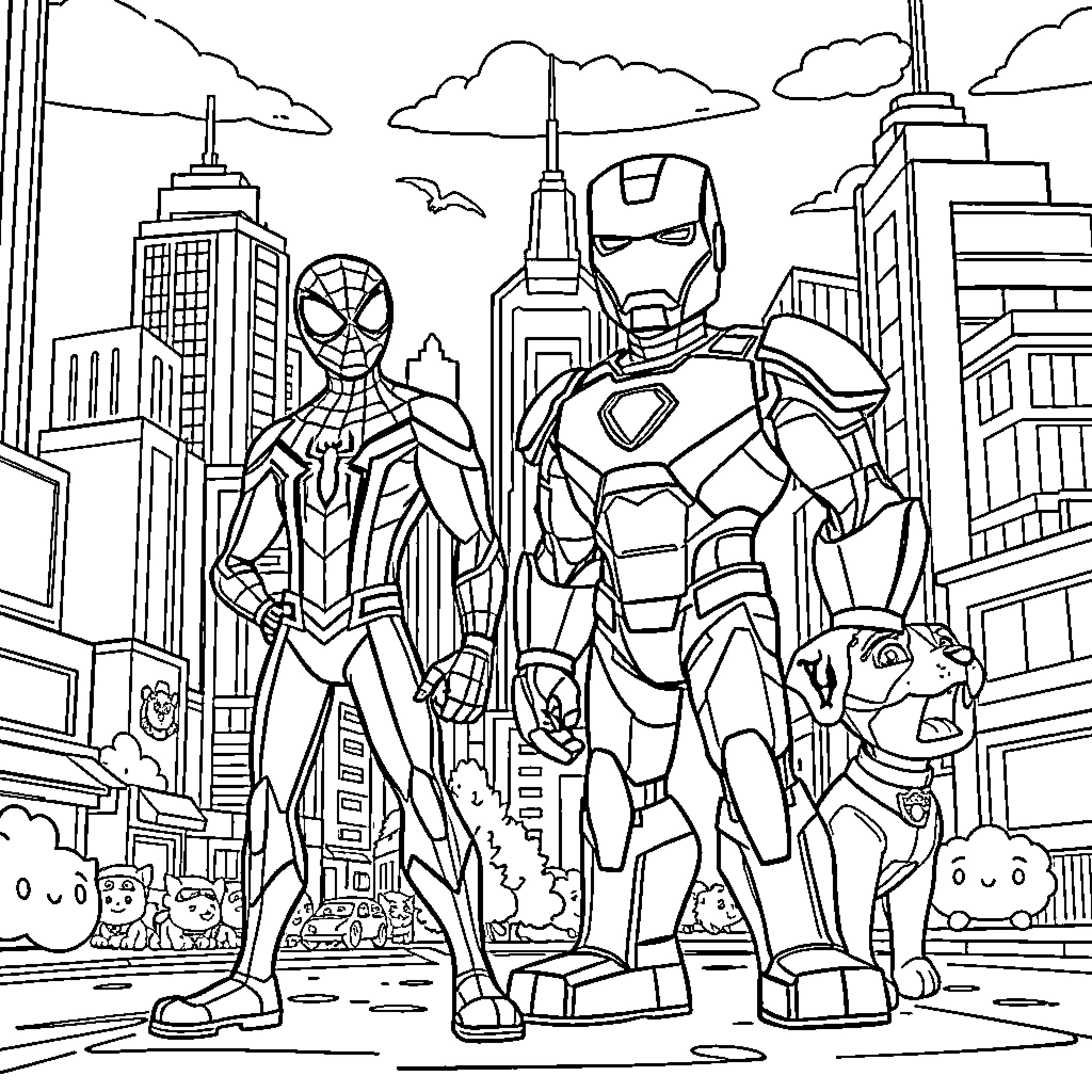 Spider-Man and Iron Man team up to save the city Coloring Page (free black-and-white line drawing printable PDF for all, from beginners to advanced learners, including children, teens, adults, and seniors)