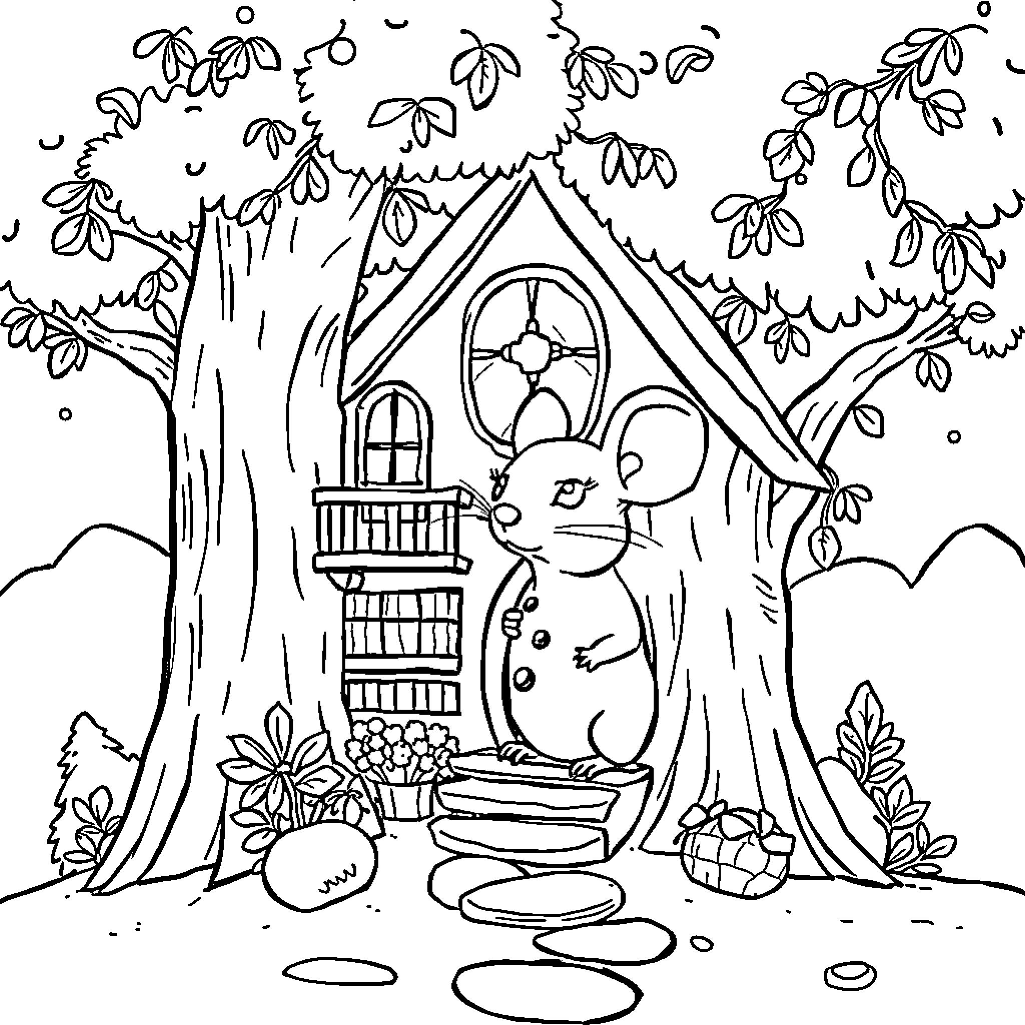 Mouse exploring cozy treehouse in forest Coloring Page (free black-and-white line drawing printable PDF for all, from beginners to advanced learners, including children, teens, adults, and seniors)