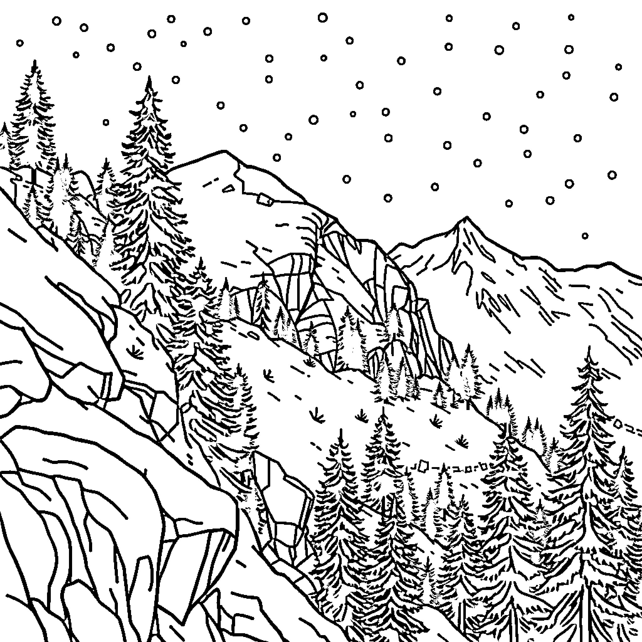 Frozen mountain landscape with snowy trees Coloring Page (free black-and-white line drawing printable PDF for all, from beginners to advanced learners, including children, teens, adults, and seniors)