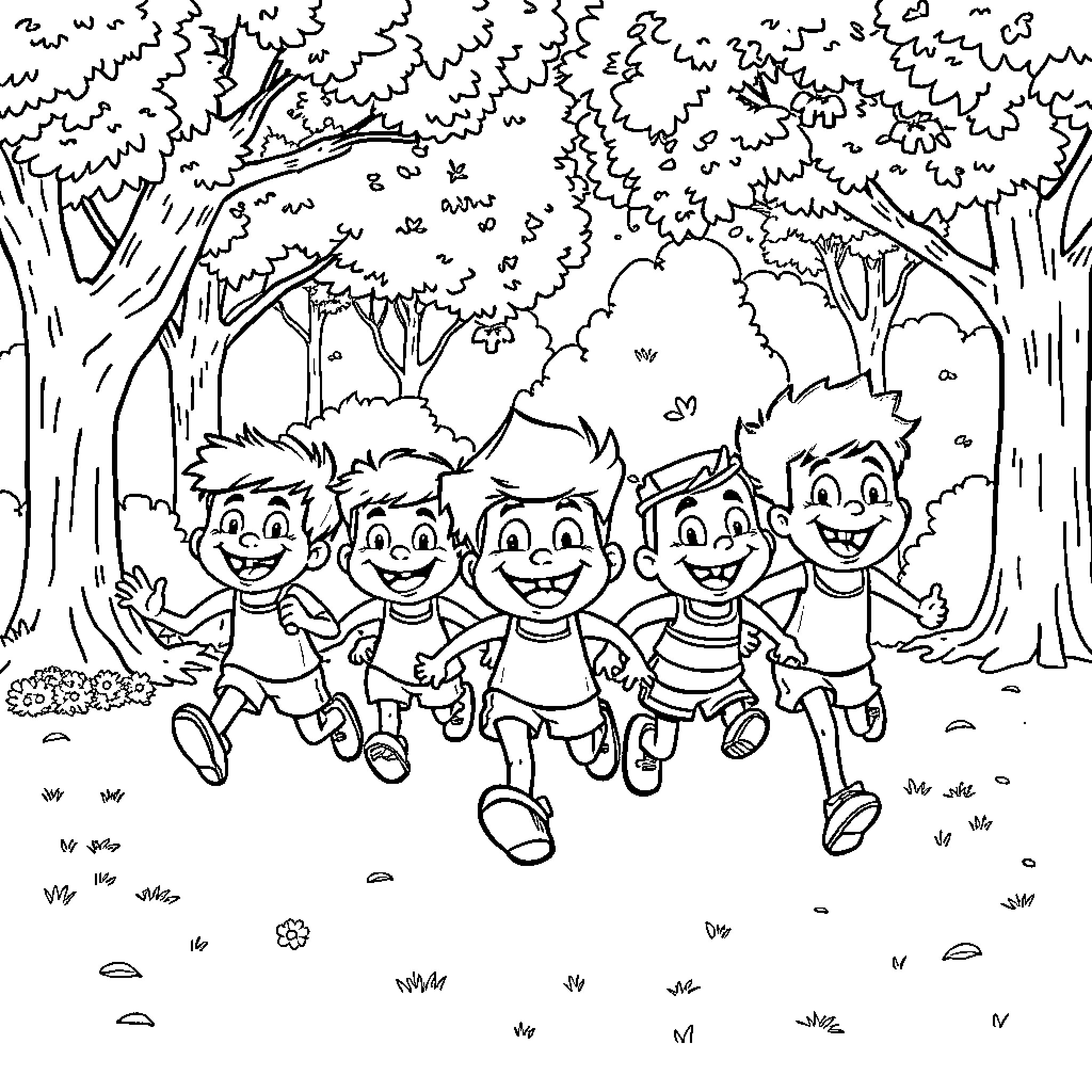 Dachshund friends running happily in the forest Coloring Page (free black-and-white line drawing printable PDF for all, from beginners to advanced learners, including children, teens, adults, and seniors)