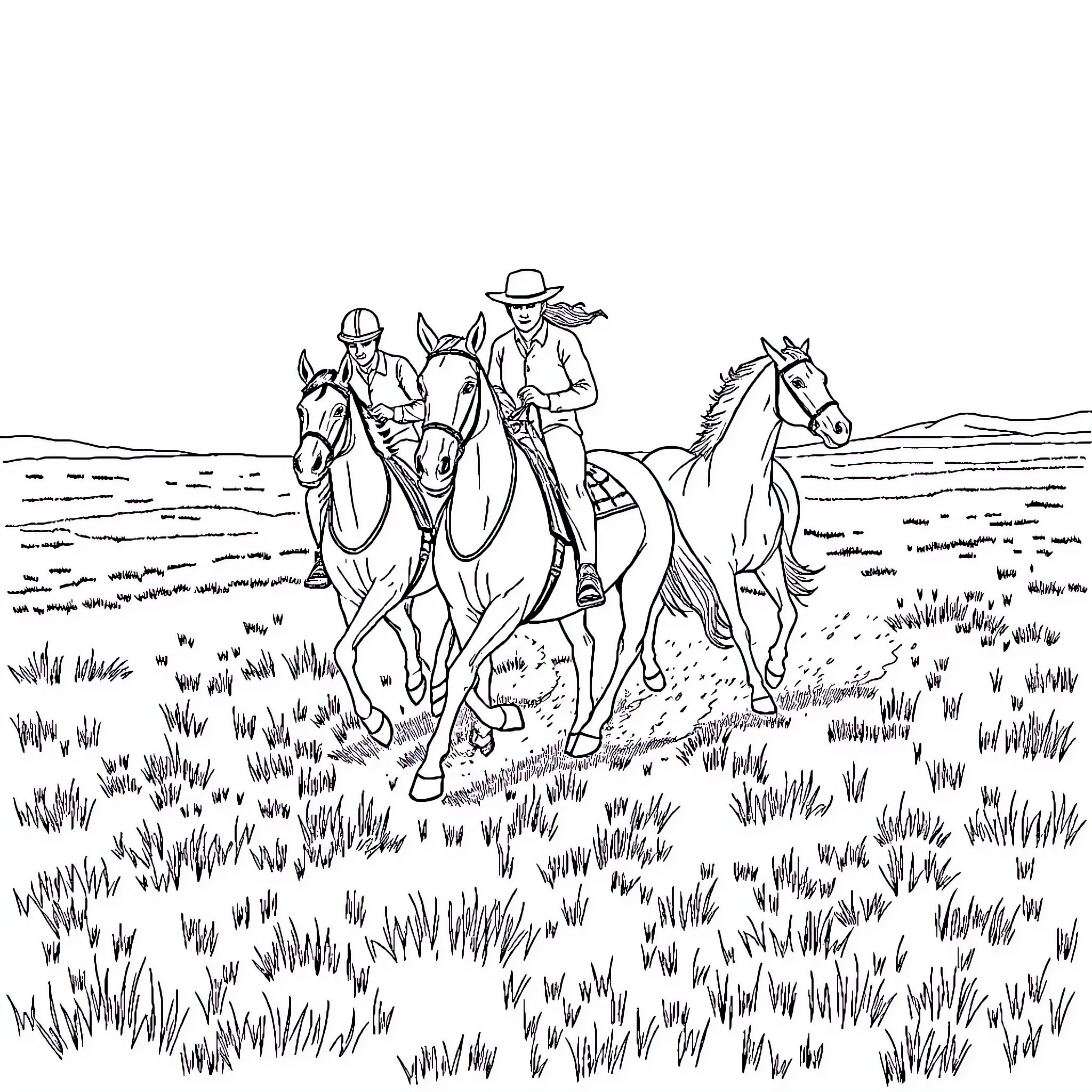 Rider galloping on horses across the meadow Coloring Page (free black-and-white line drawing printable PDF for all, from beginners to advanced learners, including children, teens, adults, and seniors)