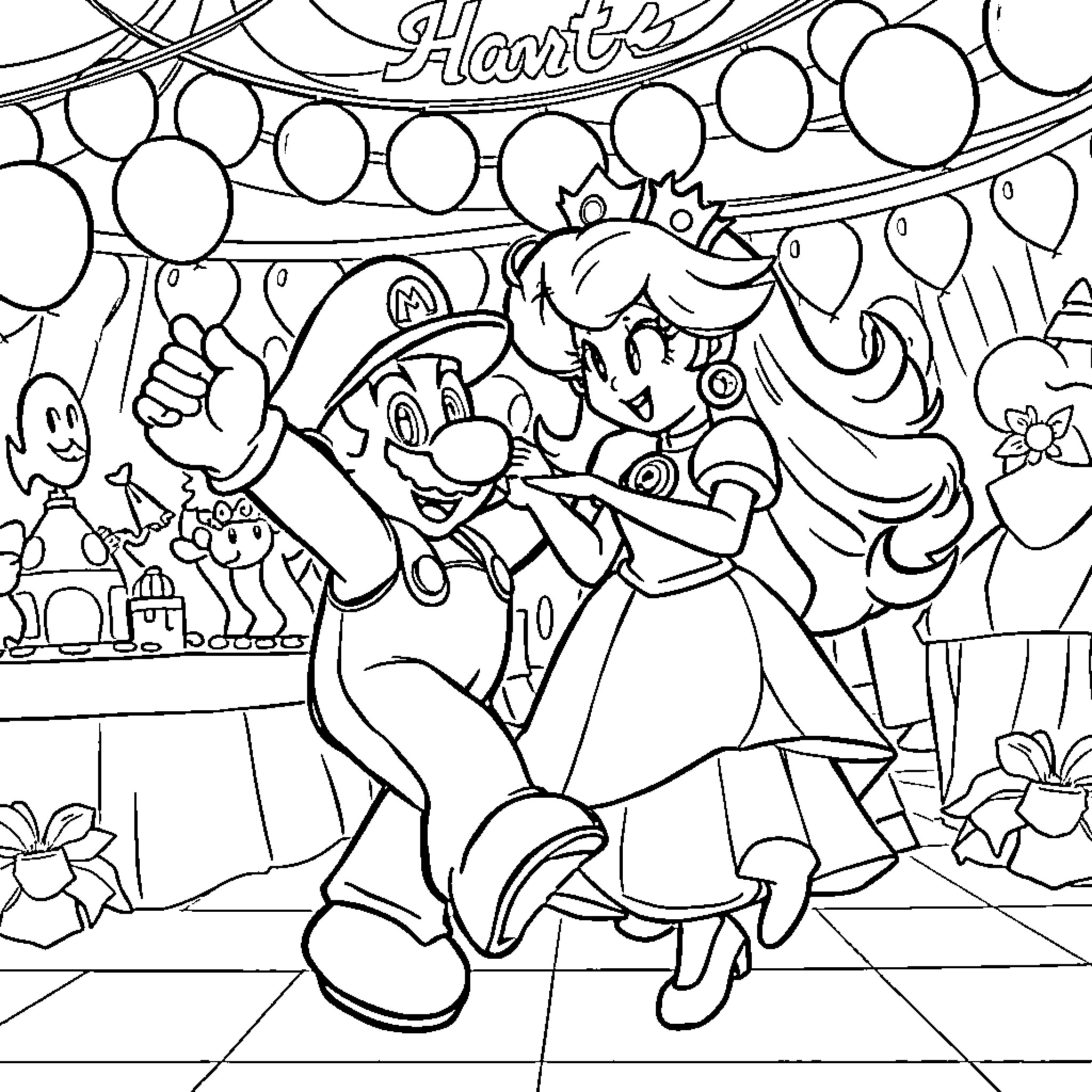 Super Mario and Princess Peach Celebrate a Party Coloring Page (free black-and-white line drawing printable PDF for all, from beginners to advanced learners, including children, teens, adults, and seniors)