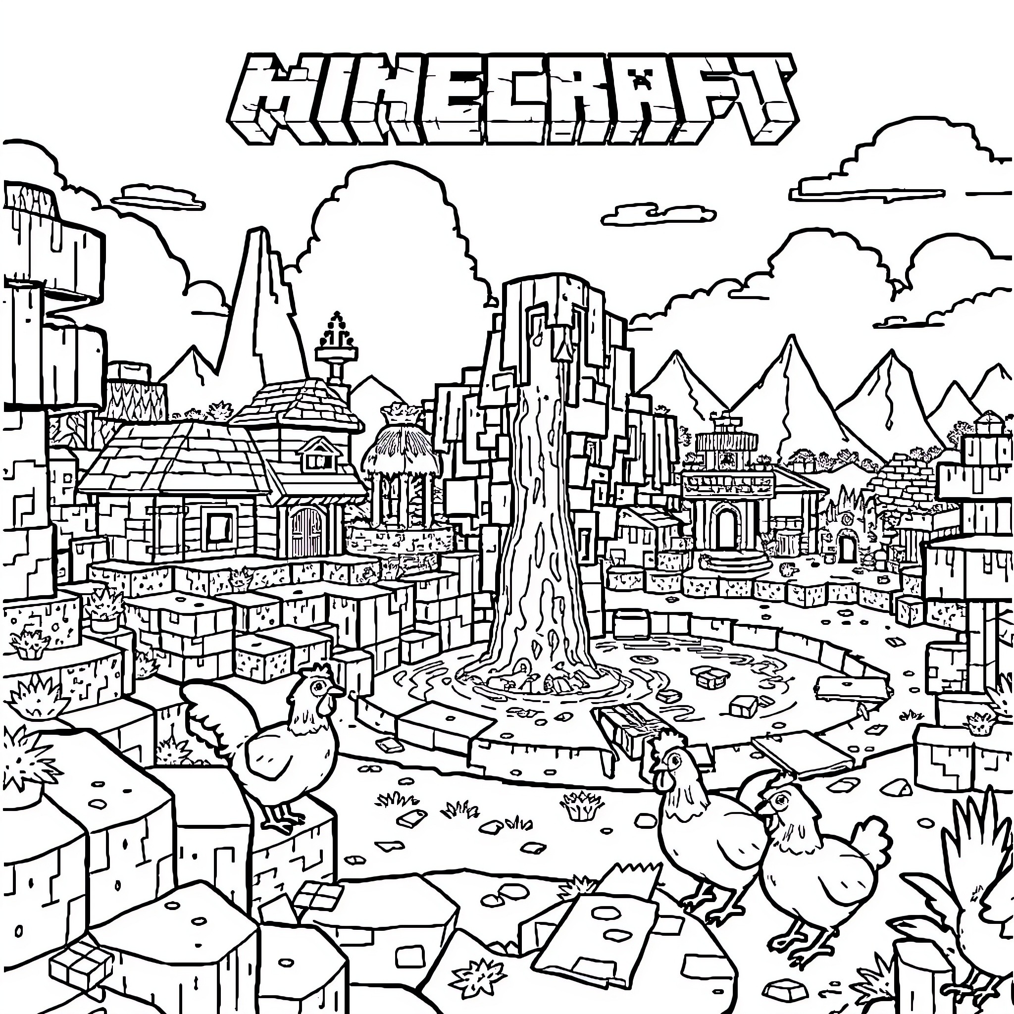 Chicken characters exploring the Minecraft landscape Coloring Page (free black-and-white line drawing printable PDF for all, from beginners to advanced learners, including children, teens, adults, and seniors)