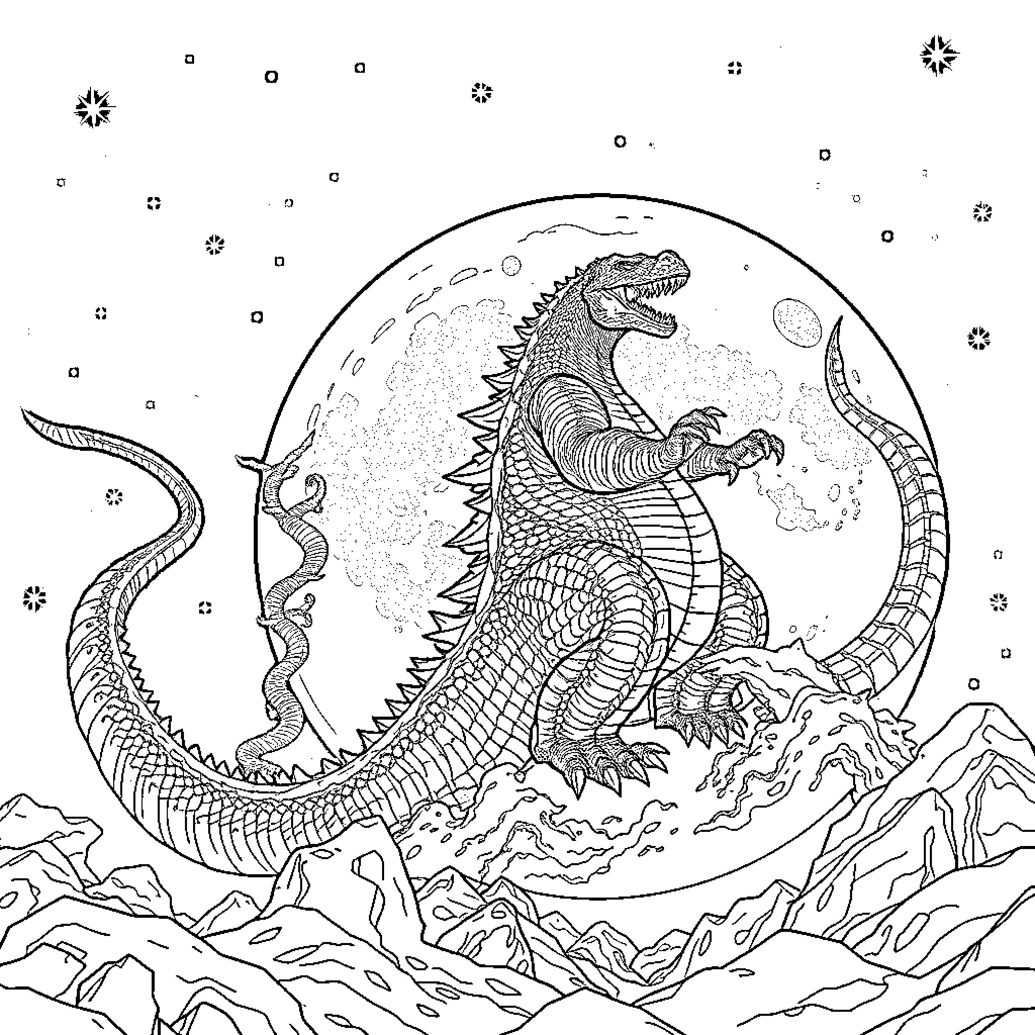 Godzilla Rampages Across Mountainous Terrain Coloring Page (free black-and-white line drawing printable PDF for all, from beginners to advanced learners, including children, teens, adults, and seniors)
