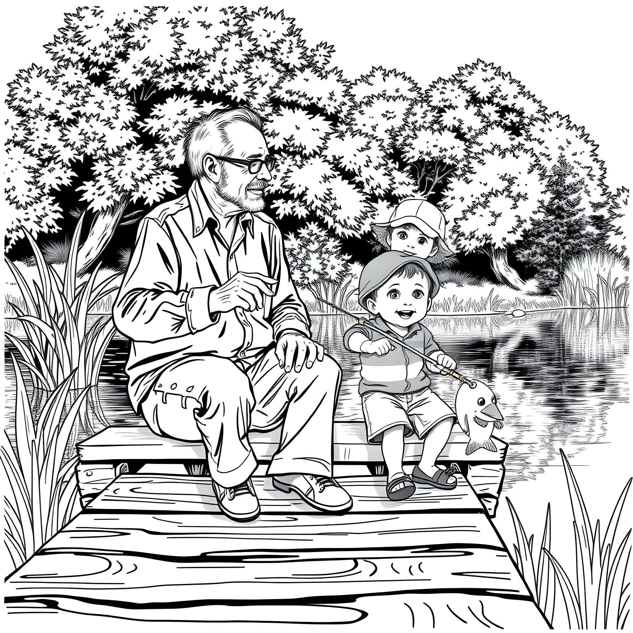 Grandpa's Peaceful Moments with Grandchildren by the Lake Coloring Page (free black-and-white line drawing printable PDF for all, from beginners to advanced learners, including children, teens, adults, and seniors)