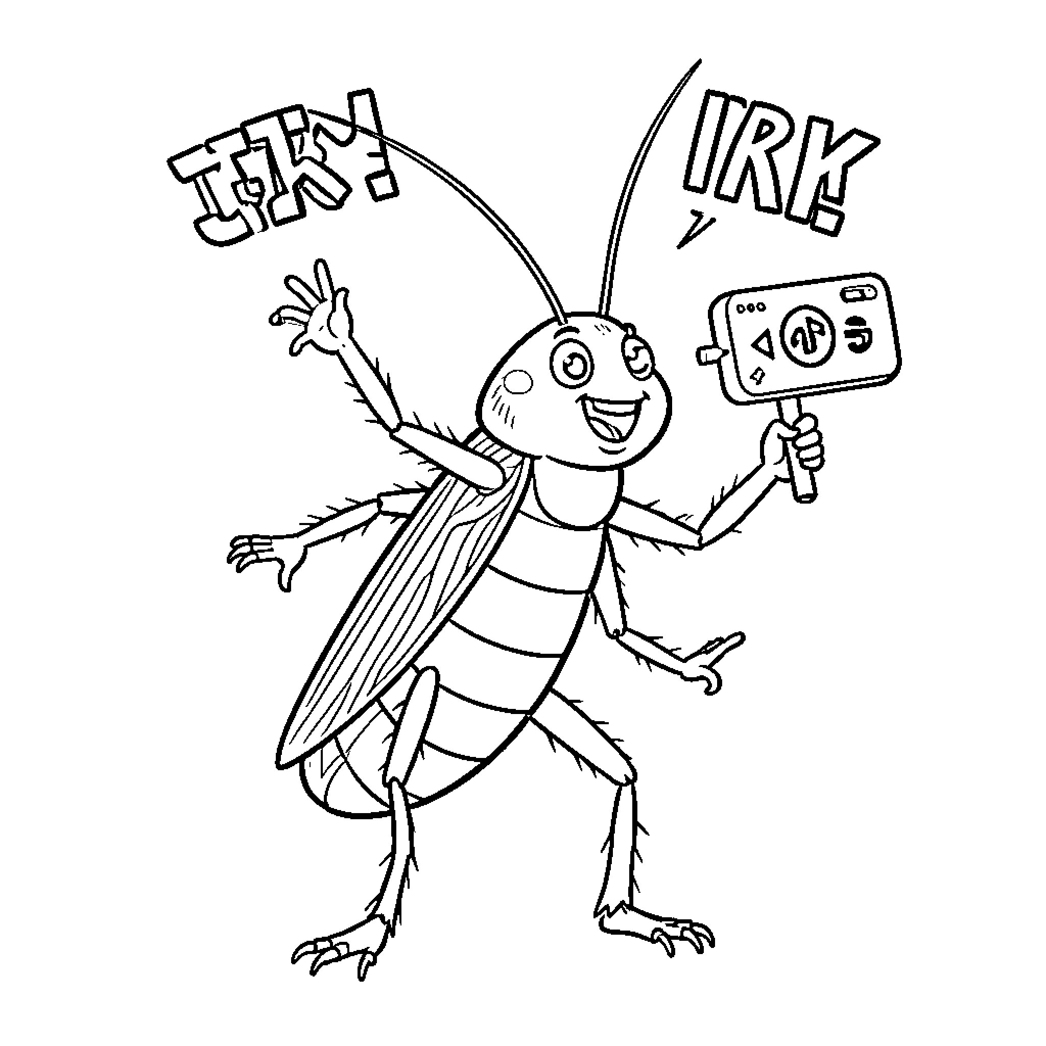 Cucaracha dancing joyfully while holding a remote control Coloring Page (free black-and-white line drawing printable PDF for all, from beginners to advanced learners, including children, teens, adults, and seniors)