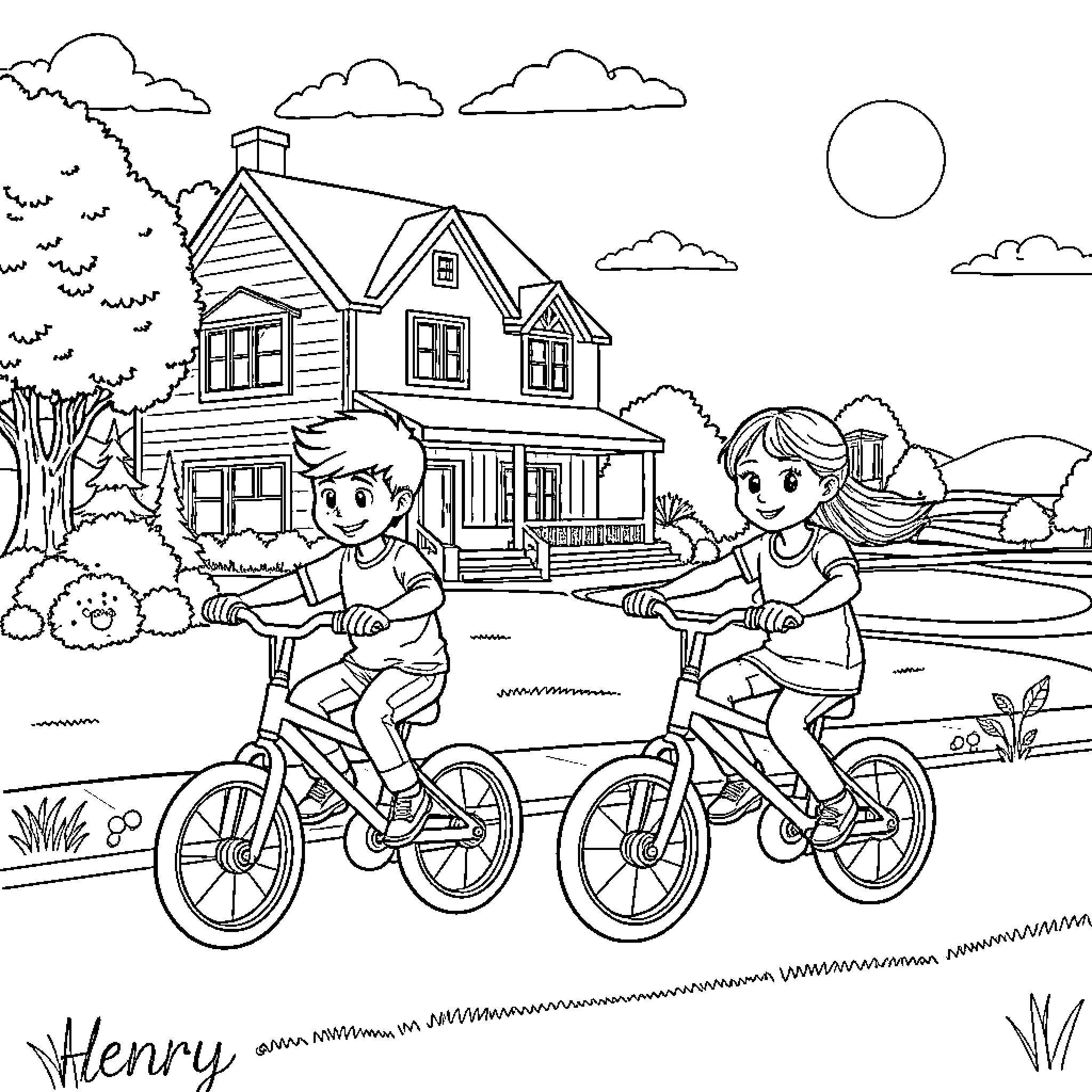 Twin brothers biking happily in the countryside Coloring Page (free black-and-white line drawing printable PDF for all, from beginners to advanced learners, including children, teens, adults, and seniors)