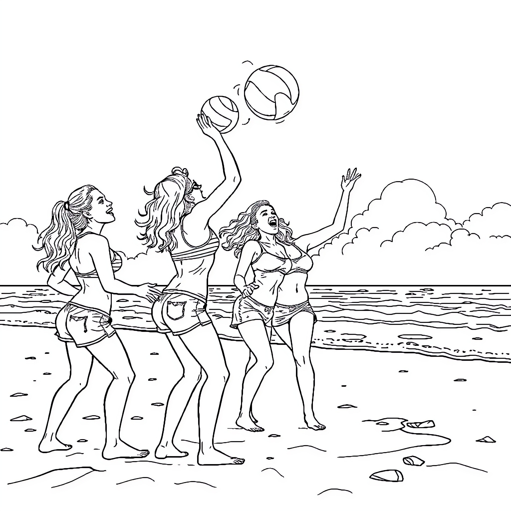 Girls playing together on the beach Coloring Page (free black-and-white line drawing printable PDF for all, from beginners to advanced learners, including children, teens, adults, and seniors)