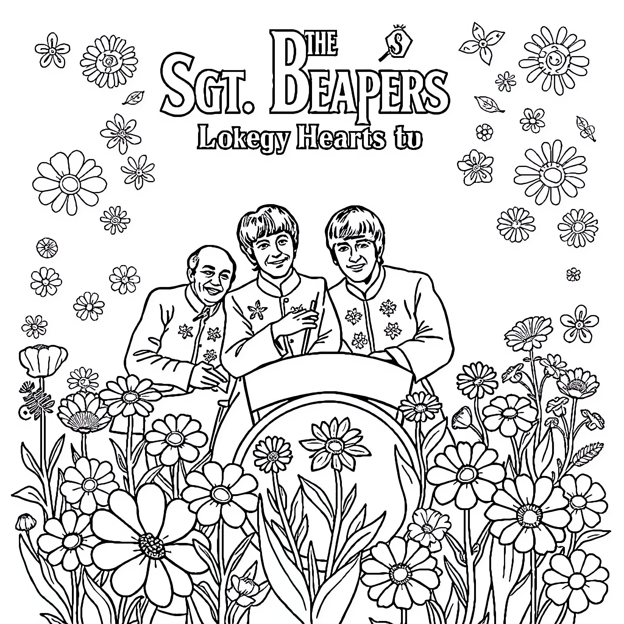 Sgt Peppers Band Members Among Floral Surroundings Coloring Page (free black-and-white line drawing printable PDF for all, from beginners to advanced learners, including children, teens, adults, and seniors)