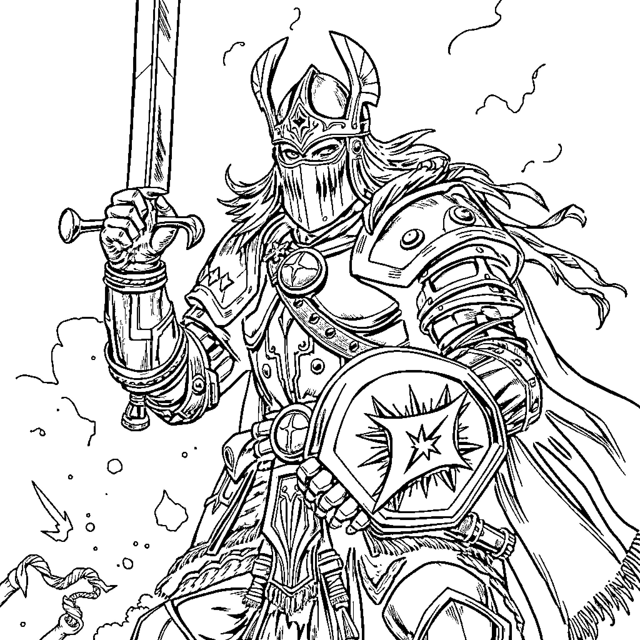 Buhurt Warrior in Fierce Battle Stance Coloring Page (free black-and-white line drawing printable PDF for all, from beginners to advanced learners, including children, teens, adults, and seniors)