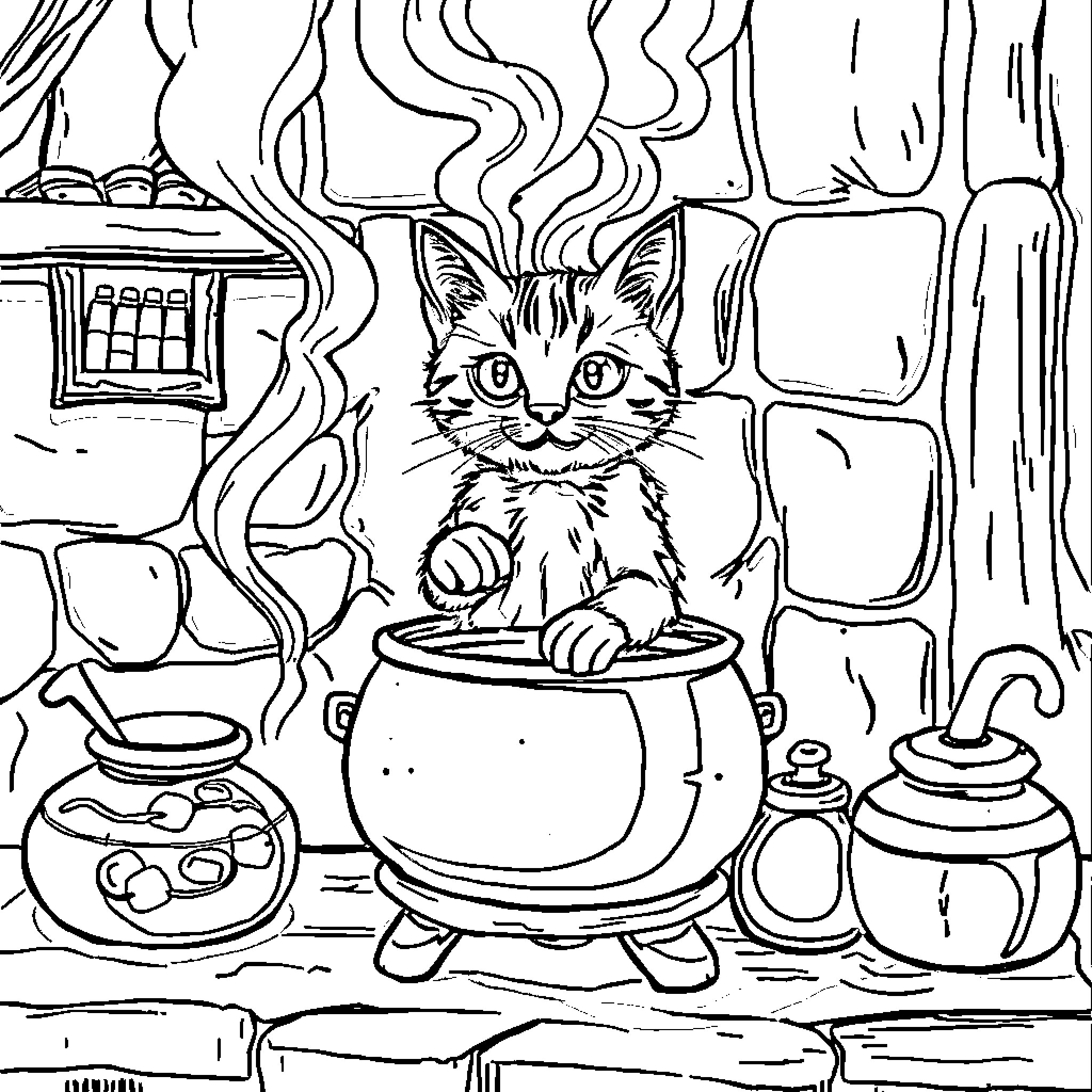 Cat enjoying a cozy cooking scene Coloring Page (free black-and-white line drawing printable PDF for all, from beginners to advanced learners, including children, teens, adults, and seniors)