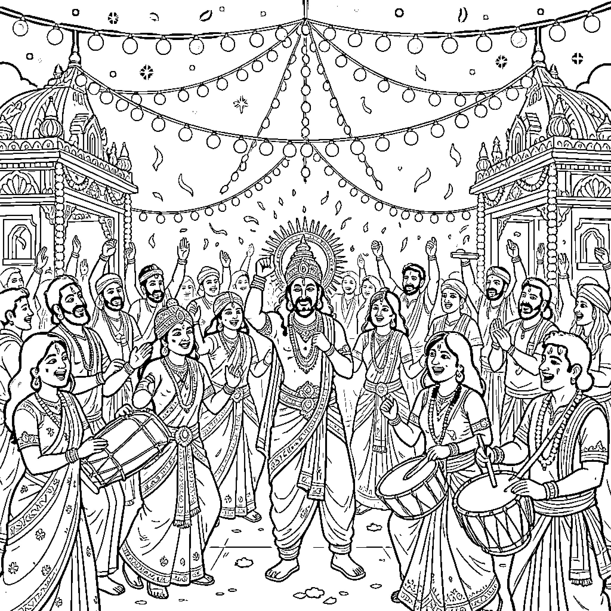 Mahashivaratri celebration with devotees worshiping Lord Shiva Coloring Page (free black-and-white line drawing printable PDF for all, from beginners to advanced learners, including children, teens, adults, and seniors)