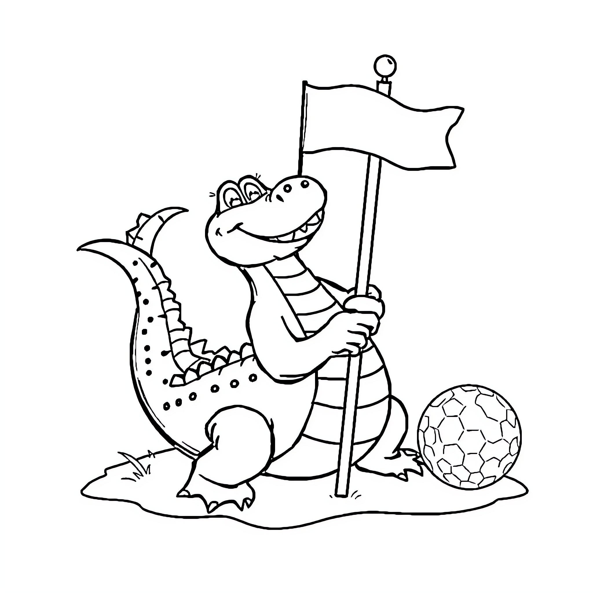 Alligator holding a flag and soccer ball Coloring Page (free black-and-white line drawing printable PDF for all, from beginners to advanced learners, including children, teens, adults, and seniors)
