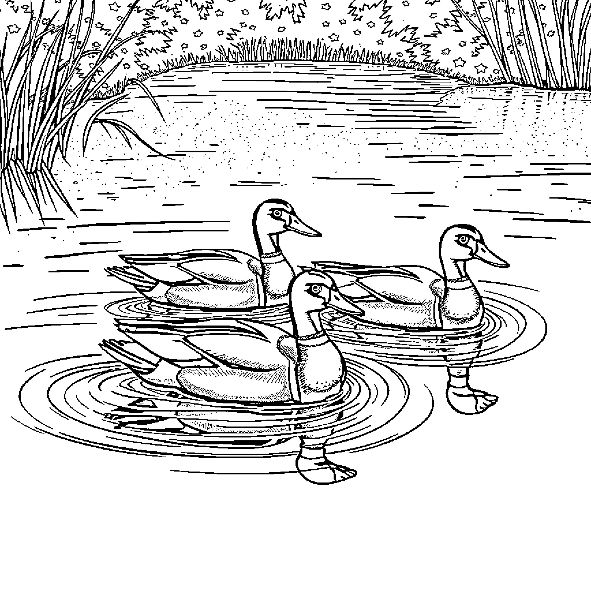 Ducks swimming gracefully on the pond Coloring Page (free black-and-white line drawing printable PDF for all, from beginners to advanced learners, including children, teens, adults, and seniors)