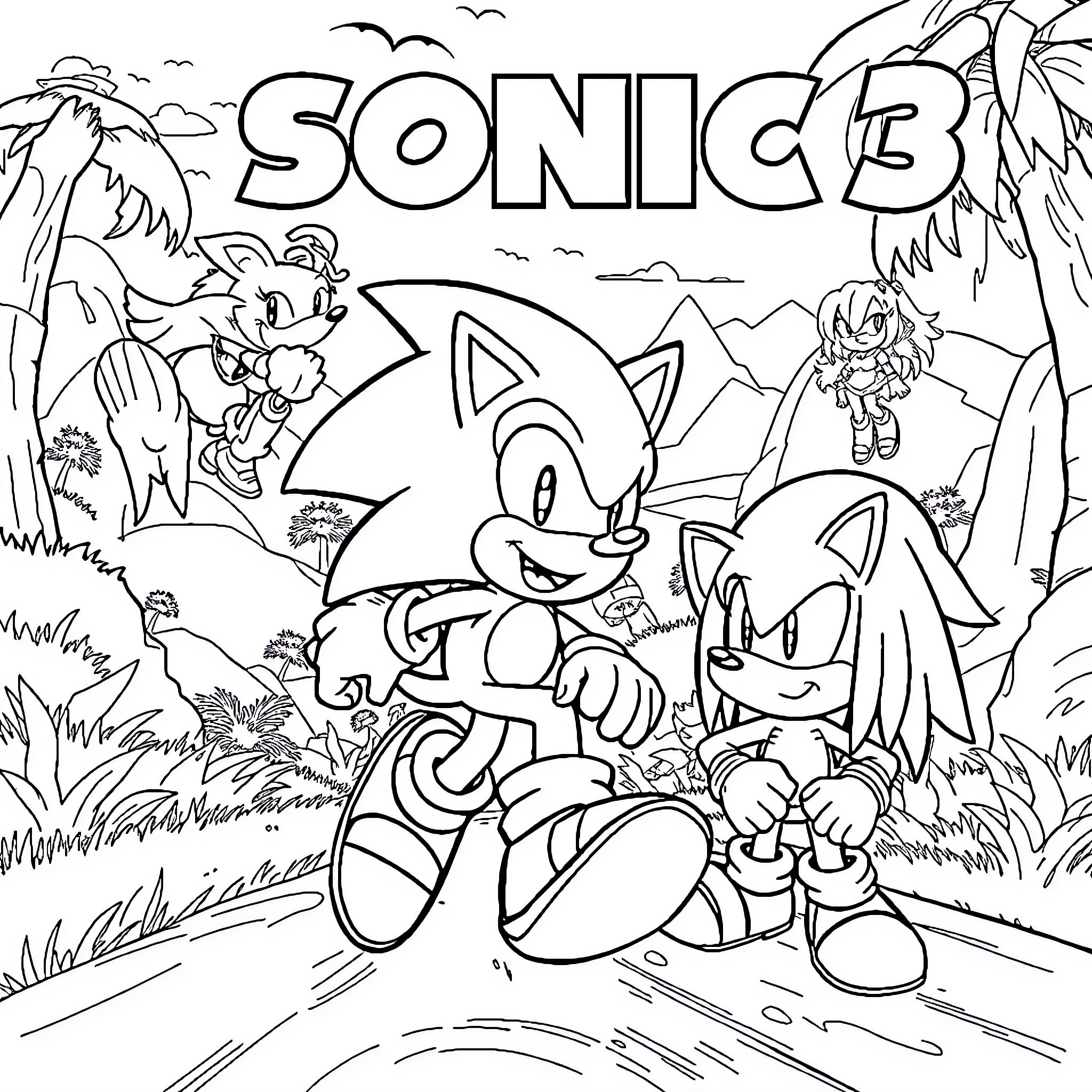 Sonic Characters in Outdoor Adventure Coloring Page (free black-and-white line drawing printable PDF for all, from beginners to advanced learners, including children, teens, adults, and seniors)