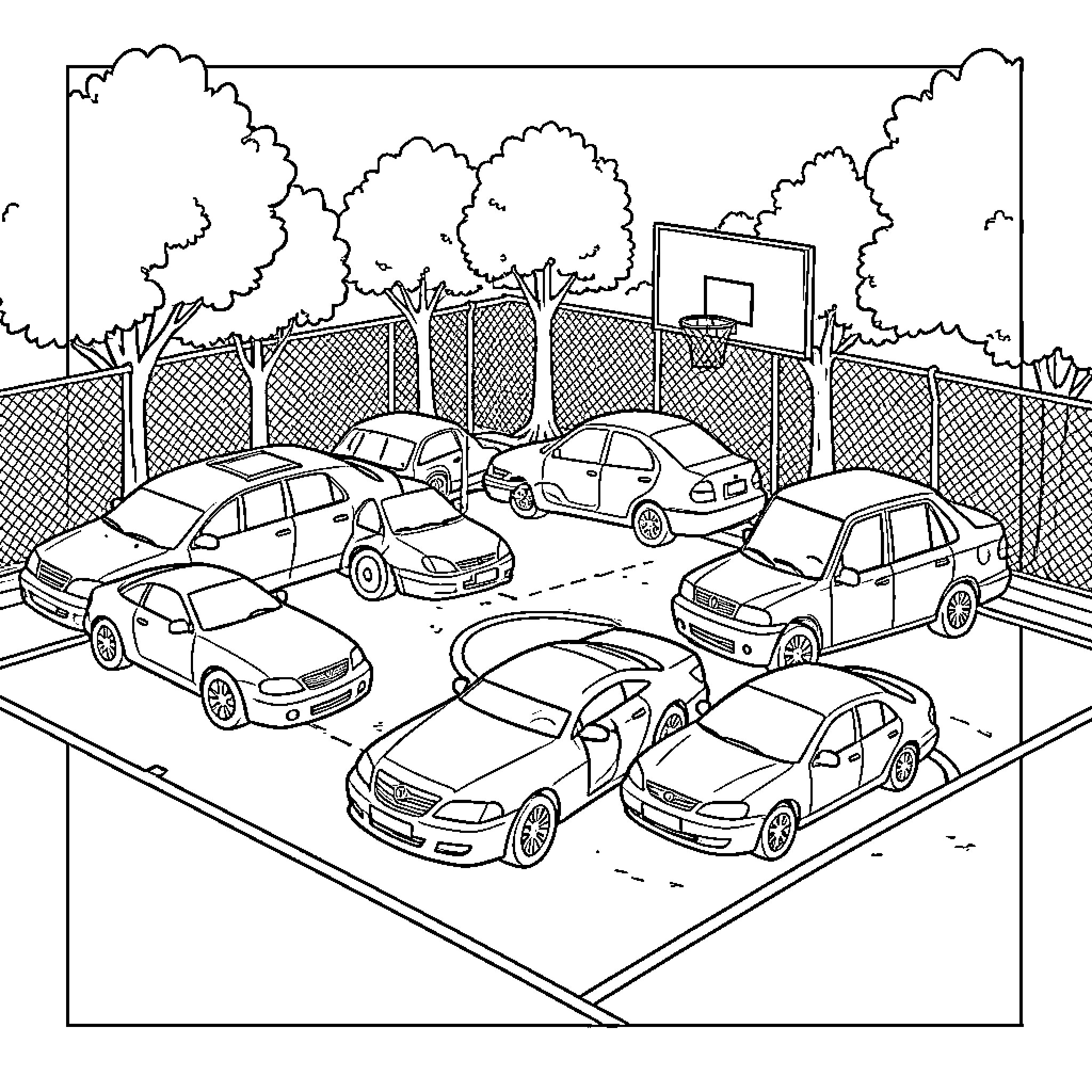 Cars parked in a lot near a basketball hoop Coloring Page (free black-and-white line drawing printable PDF for all, from beginners to advanced learners, including children, teens, adults, and seniors)