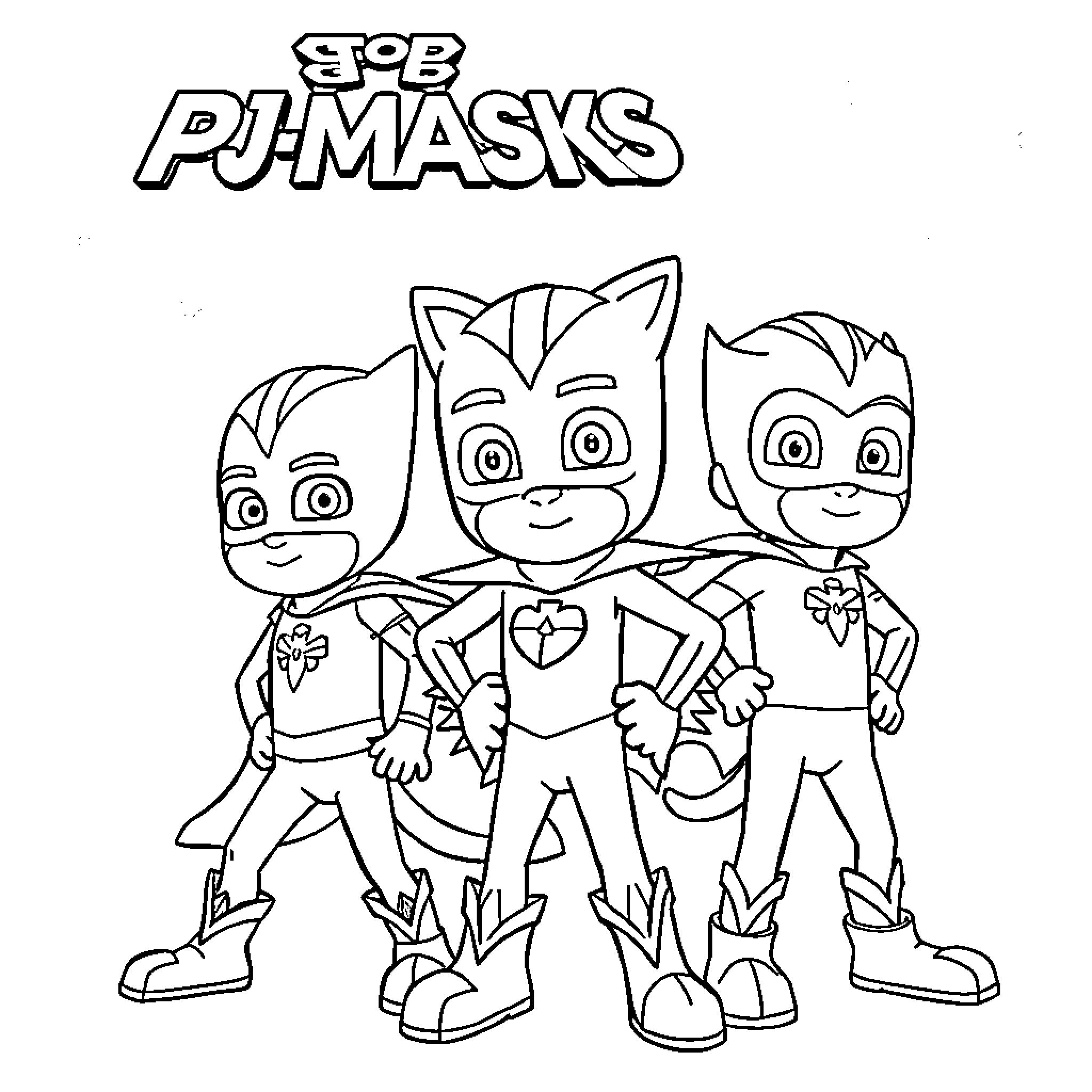 Pj Masks characters in action poses Coloring Page (free black-and-white line drawing printable PDF for all, from beginners to advanced learners, including children, teens, adults, and seniors)
