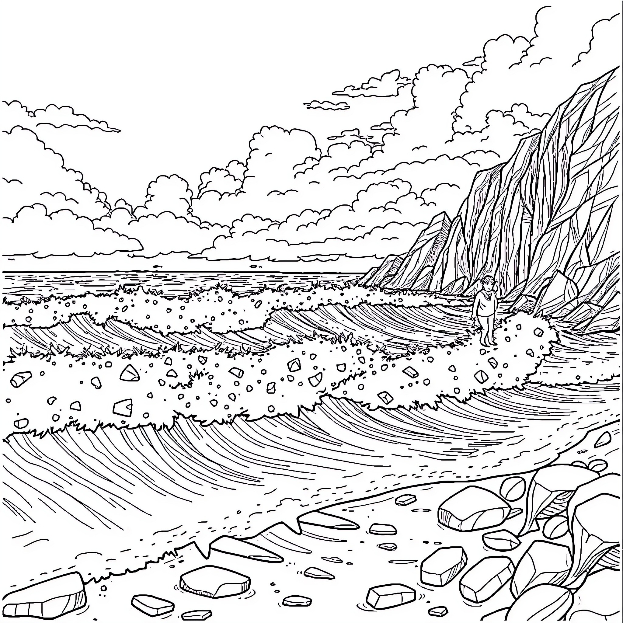 Seascape with crashing waves and rocky shoreline Coloring Page (free black-and-white line drawing printable PDF for all, from beginners to advanced learners, including children, teens, adults, and seniors)