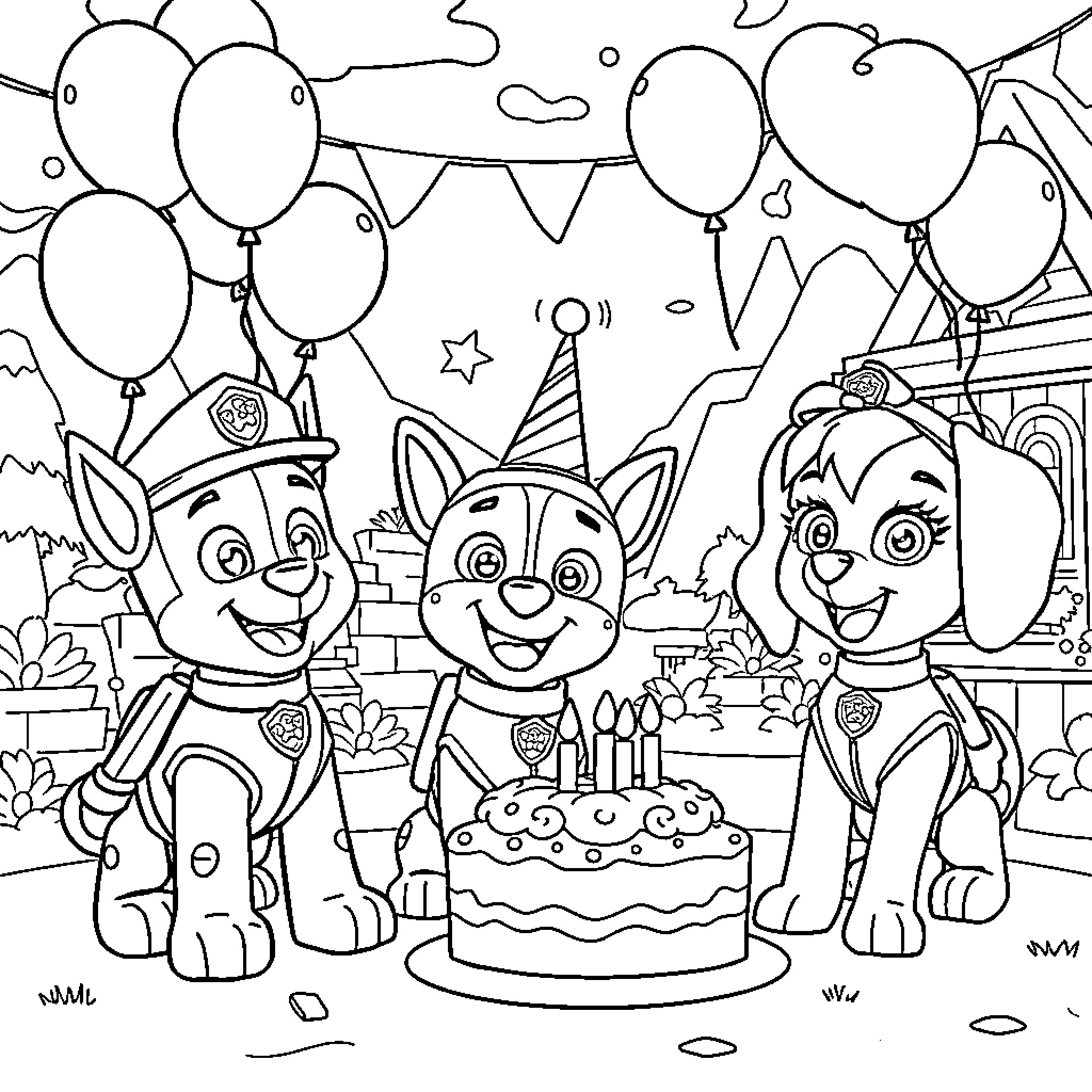 Paw Patrol characters celebrate with balloons and cake Coloring Page (free black-and-white line drawing printable PDF for all, from beginners to advanced learners, including children, teens, adults, and seniors)
