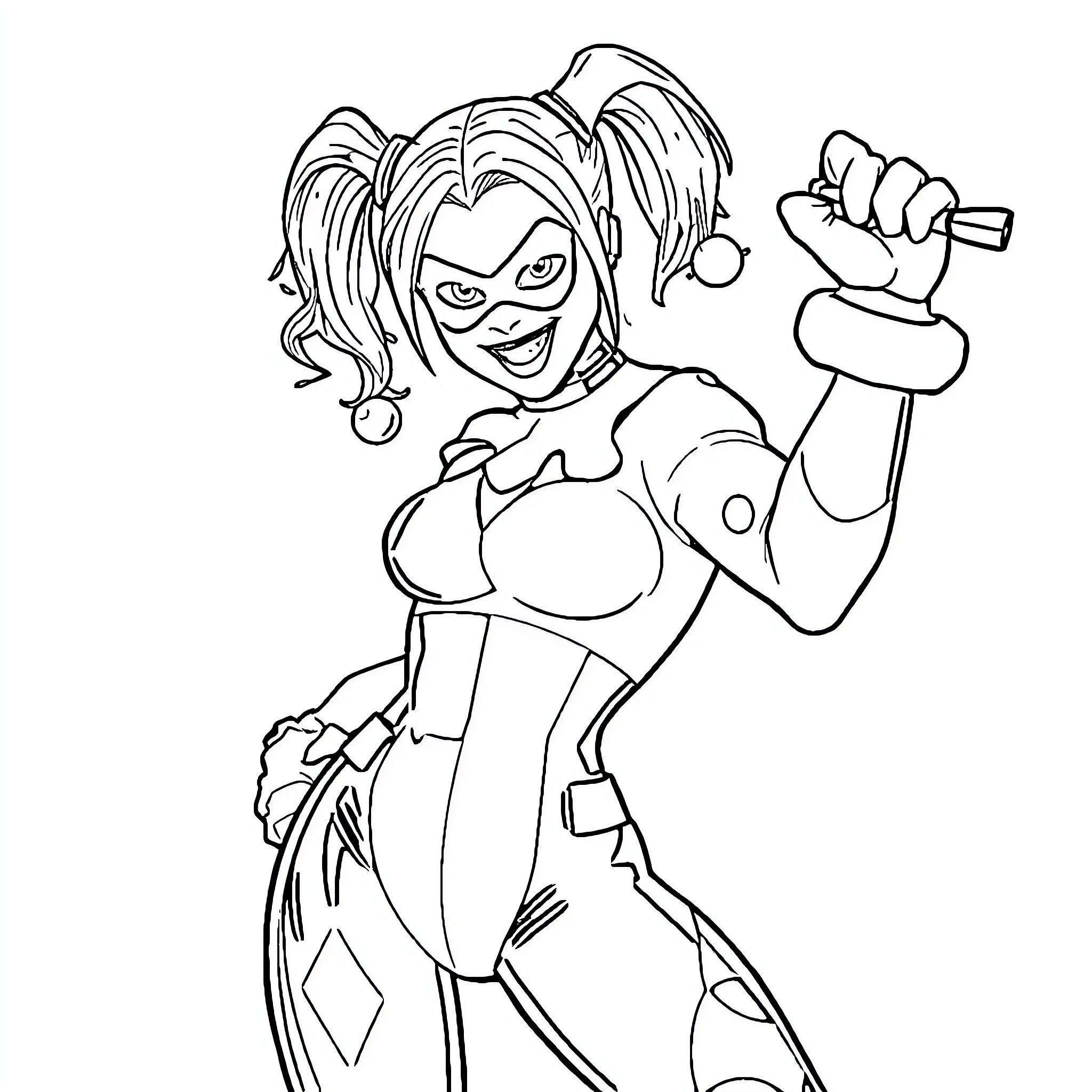 Harley Quinn posing with confidence and energy Coloring Page (free black-and-white line drawing printable PDF for all, from beginners to advanced learners, including children, teens, adults, and seniors)