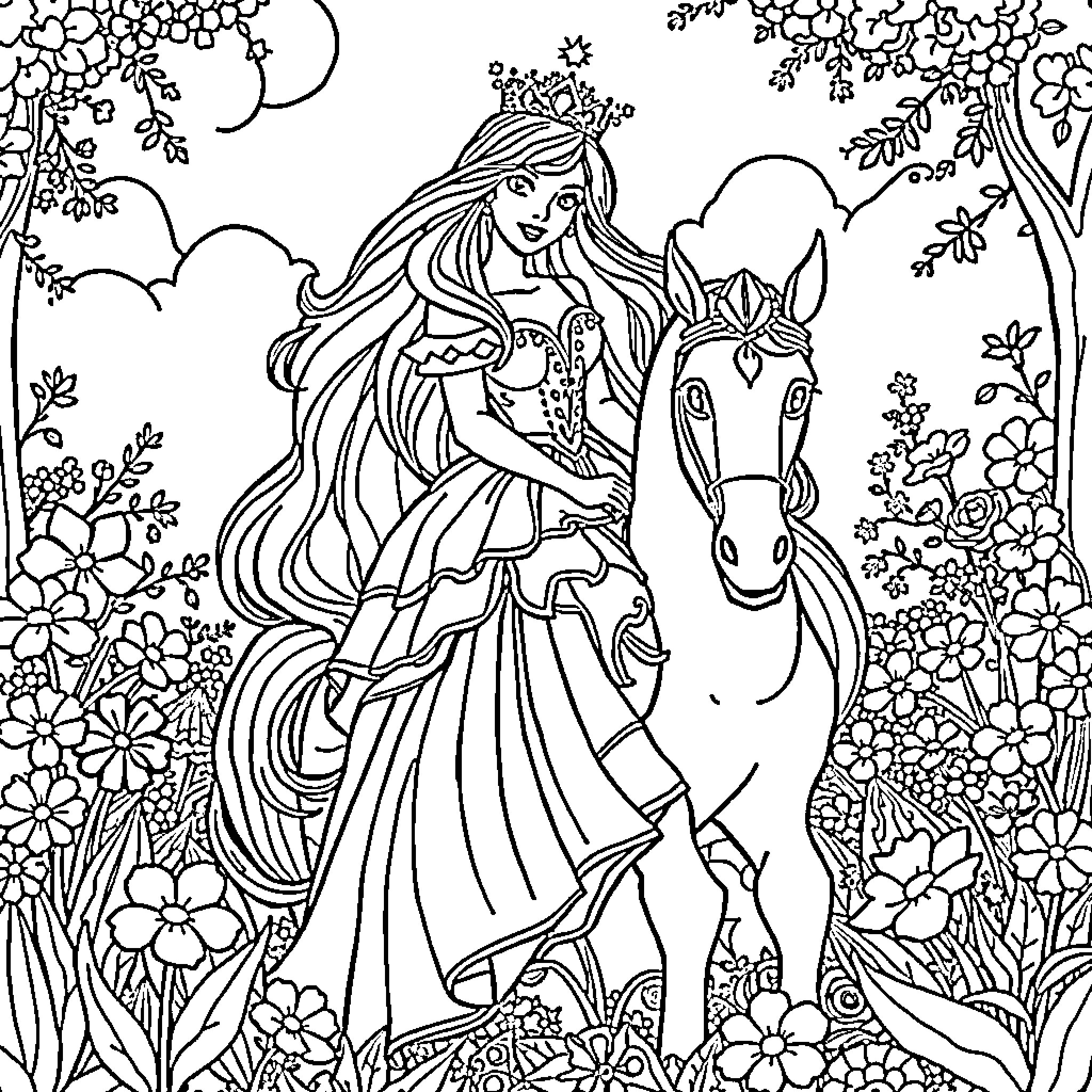 Princess in a Enchanting Floral Garden with Her Steed Coloring Page (free black-and-white line drawing printable PDF for all, from beginners to advanced learners, including children, teens, adults, and seniors)