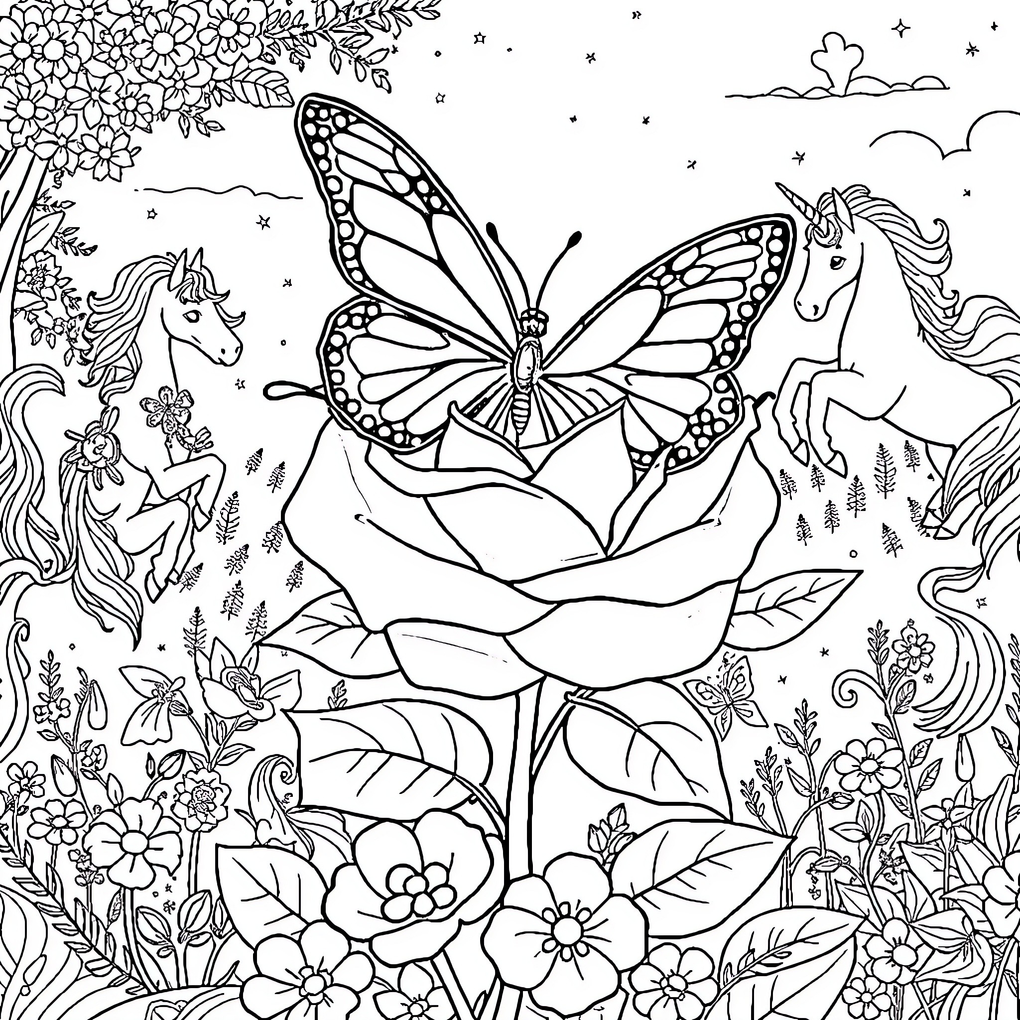 Butterfly Enchantment in a Magical Garden Coloring Page (free black-and-white line drawing printable PDF for all, from beginners to advanced learners, including children, teens, adults, and seniors)