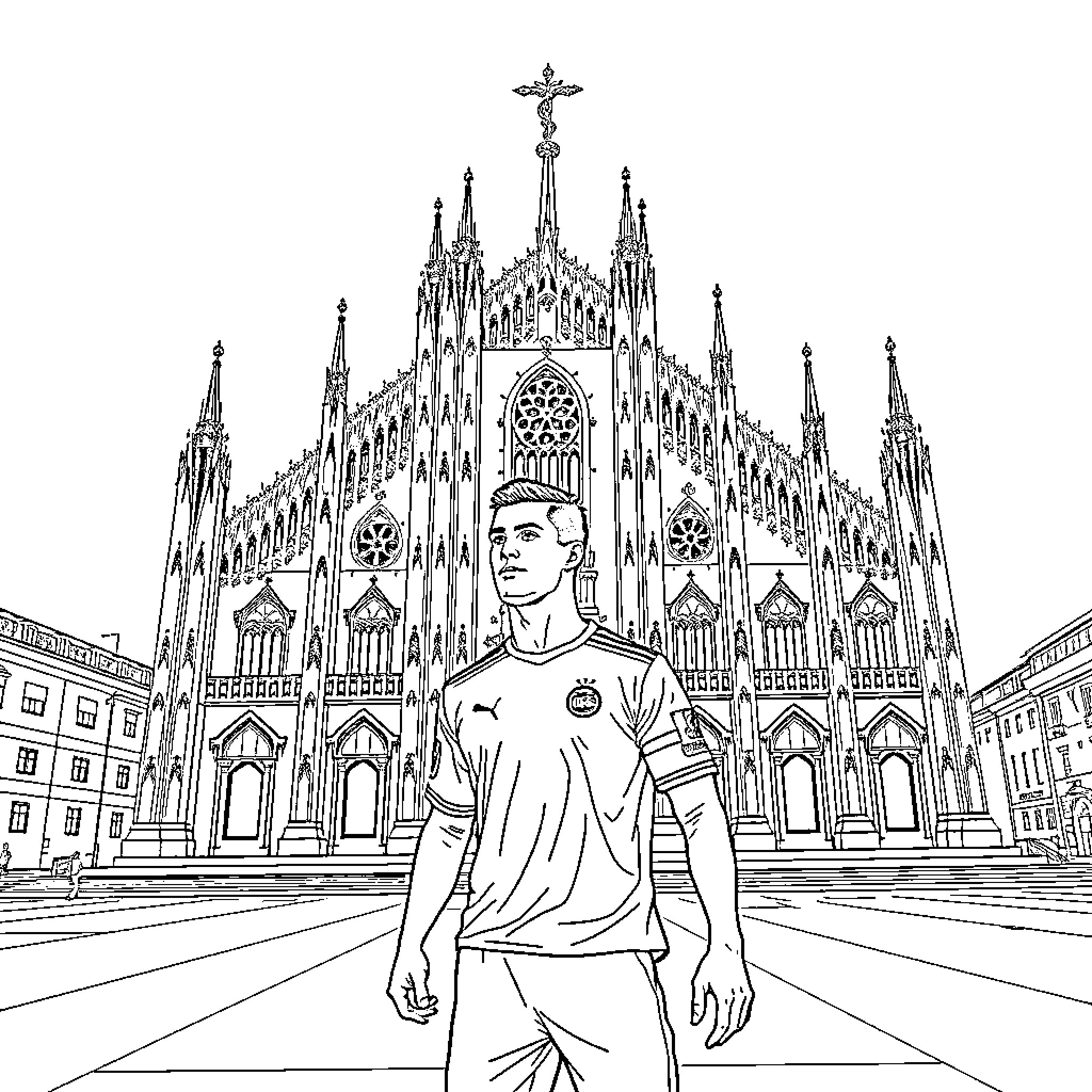 Ronaldo posing in front of the iconic Milan Cathedral Coloring Page (free black-and-white line drawing printable PDF for all, from beginners to advanced learners, including children, teens, adults, and seniors)