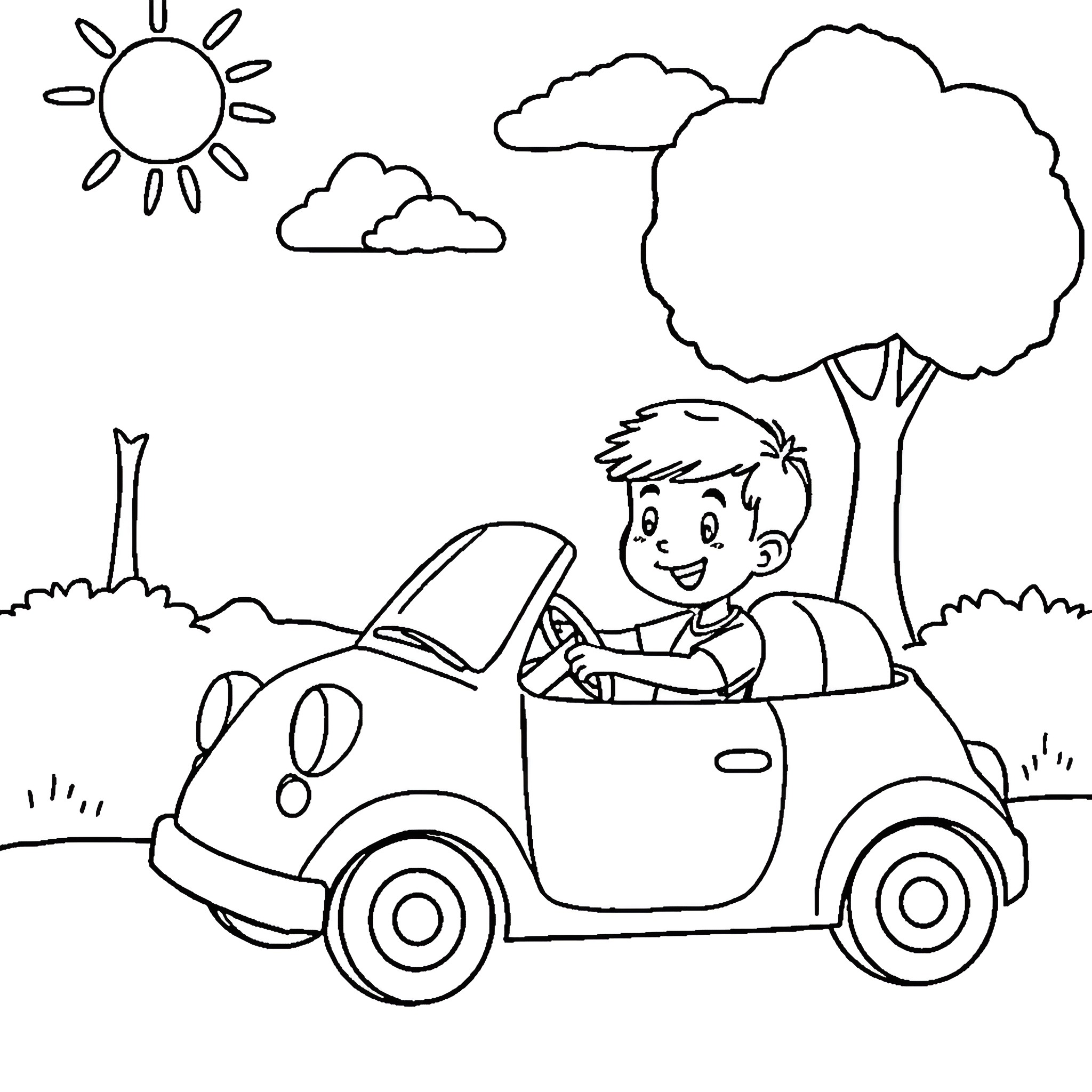 Boy driving car in a sunny outdoor scene Coloring Page (free black-and-white line drawing printable PDF for all, from beginners to advanced learners, including children, teens, adults, and seniors)