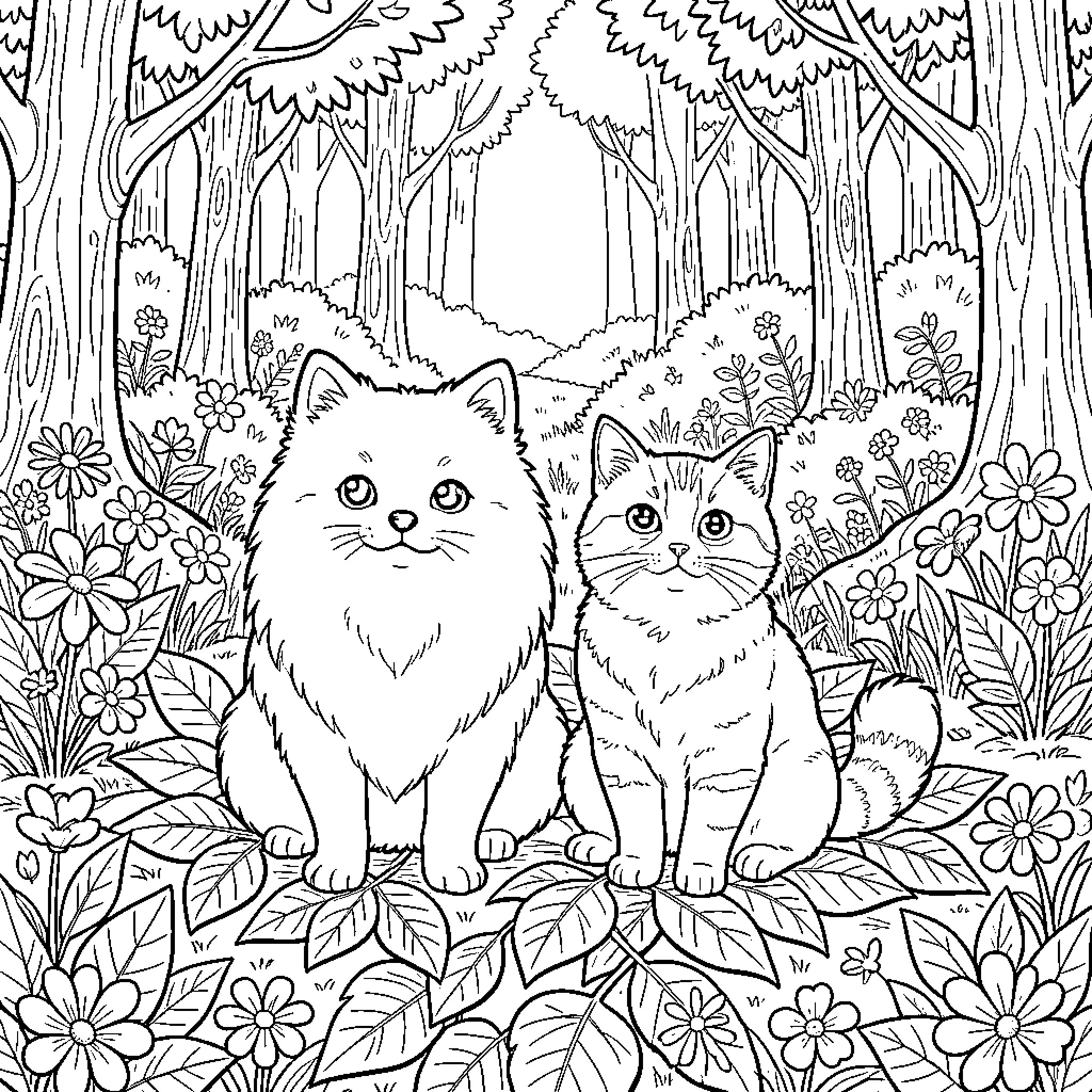 Pomeranian and cat sitting together in a forest Coloring Page (free black-and-white line drawing printable PDF for all, from beginners to advanced learners, including children, teens, adults, and seniors)