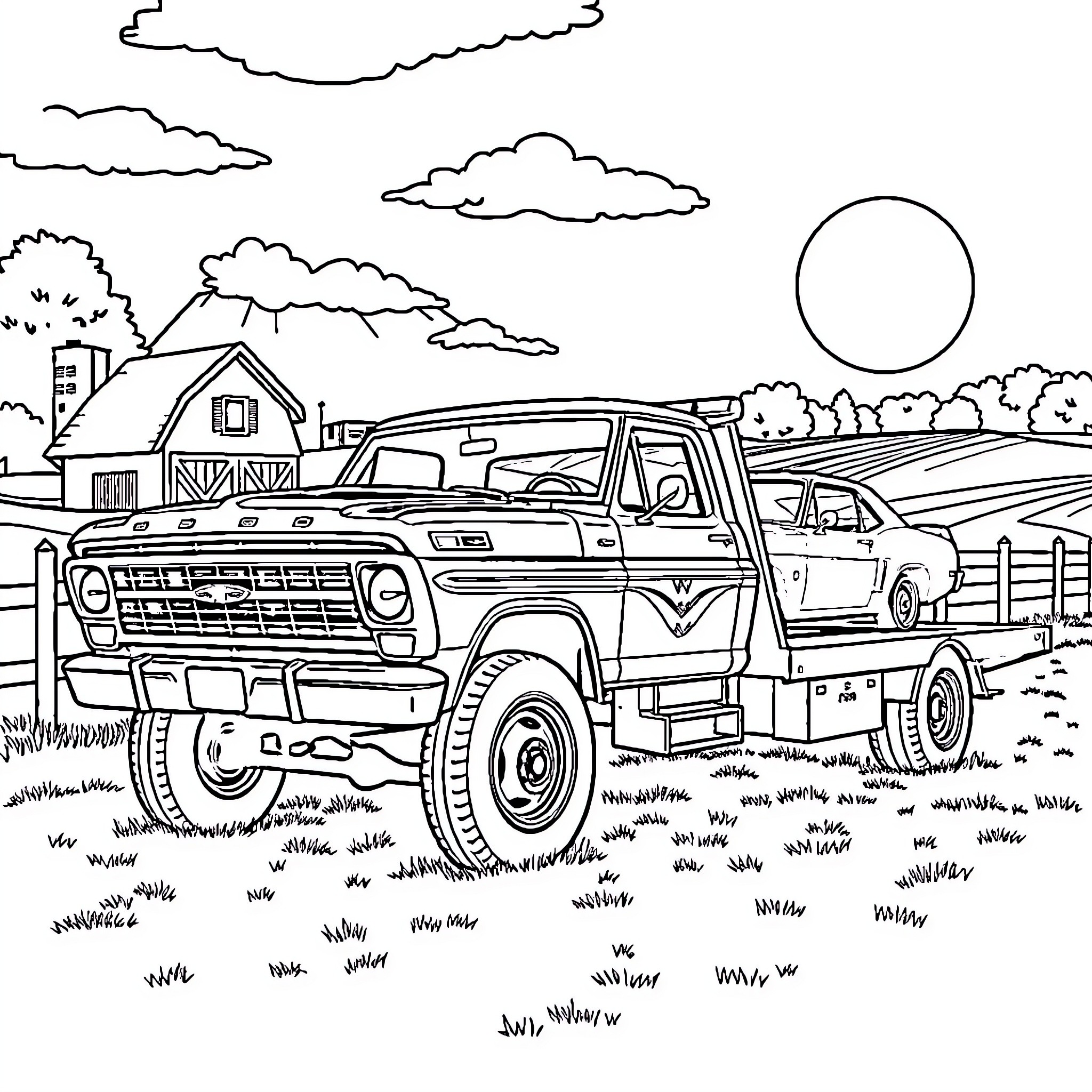 Tow Truck Hauling Vehicle in Countryside Landscape Coloring Page (free black-and-white line drawing printable PDF for all, from beginners to advanced learners, including children, teens, adults, and seniors)
