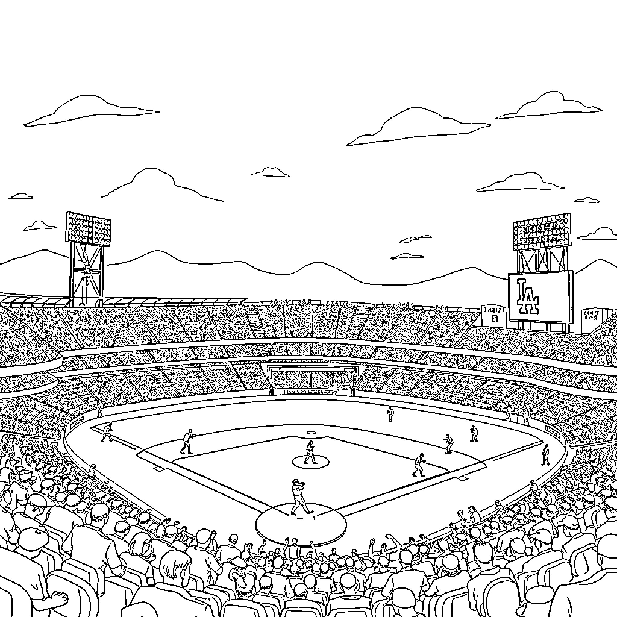 Dodgers baseball game in a bustling stadium Coloring Page (free black-and-white line drawing printable PDF for all, from beginners to advanced learners, including children, teens, adults, and seniors)