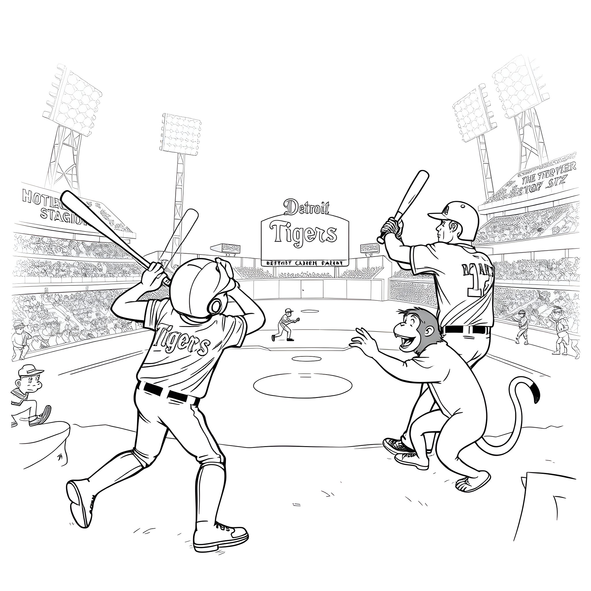 Tigers baseball players in action on the field Coloring Page (free black-and-white line drawing printable PDF for all, from beginners to advanced learners, including children, teens, adults, and seniors)