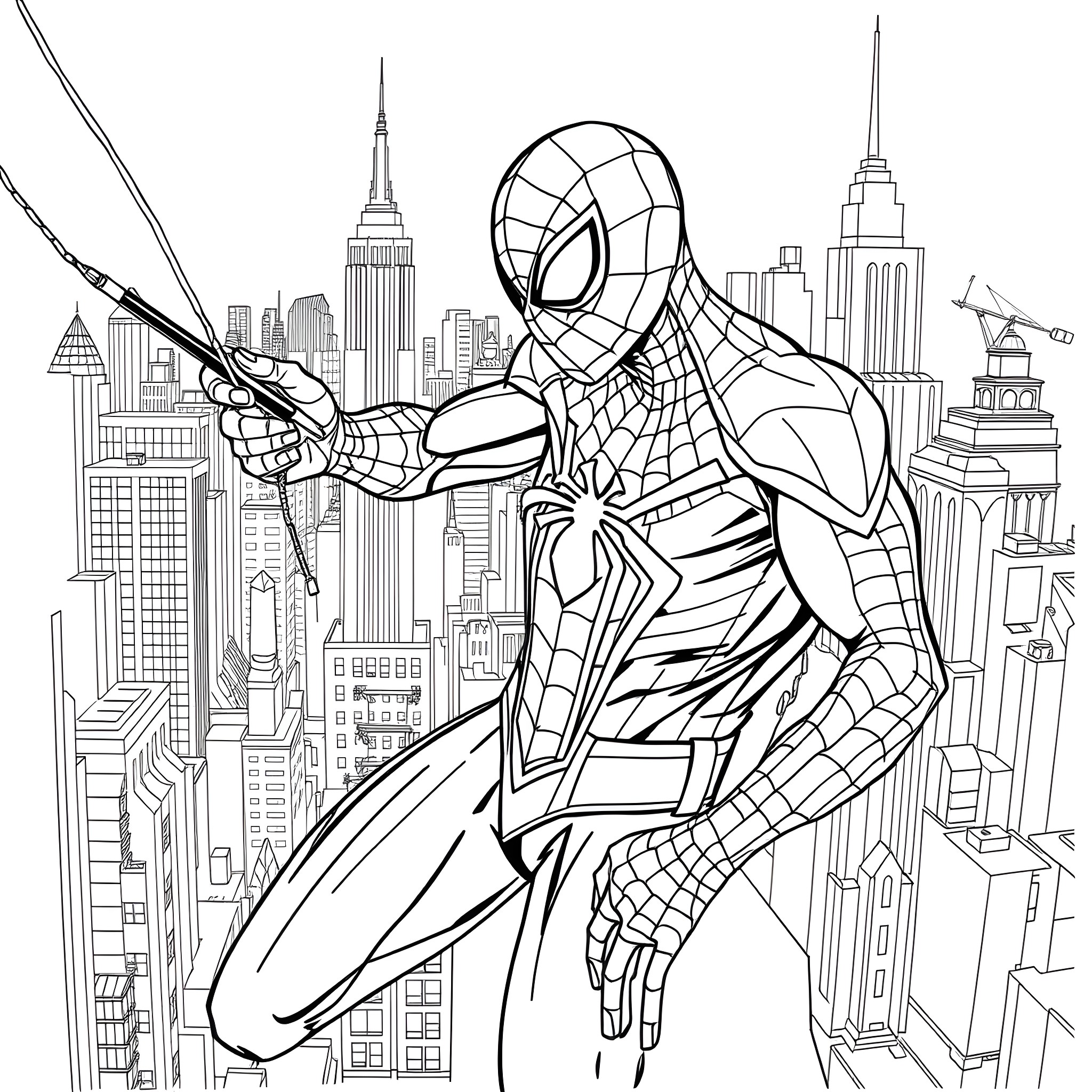 Spiderman swinging through the city skyline Coloring Page (free black-and-white line drawing printable PDF for all, from beginners to advanced learners, including children, teens, adults, and seniors)