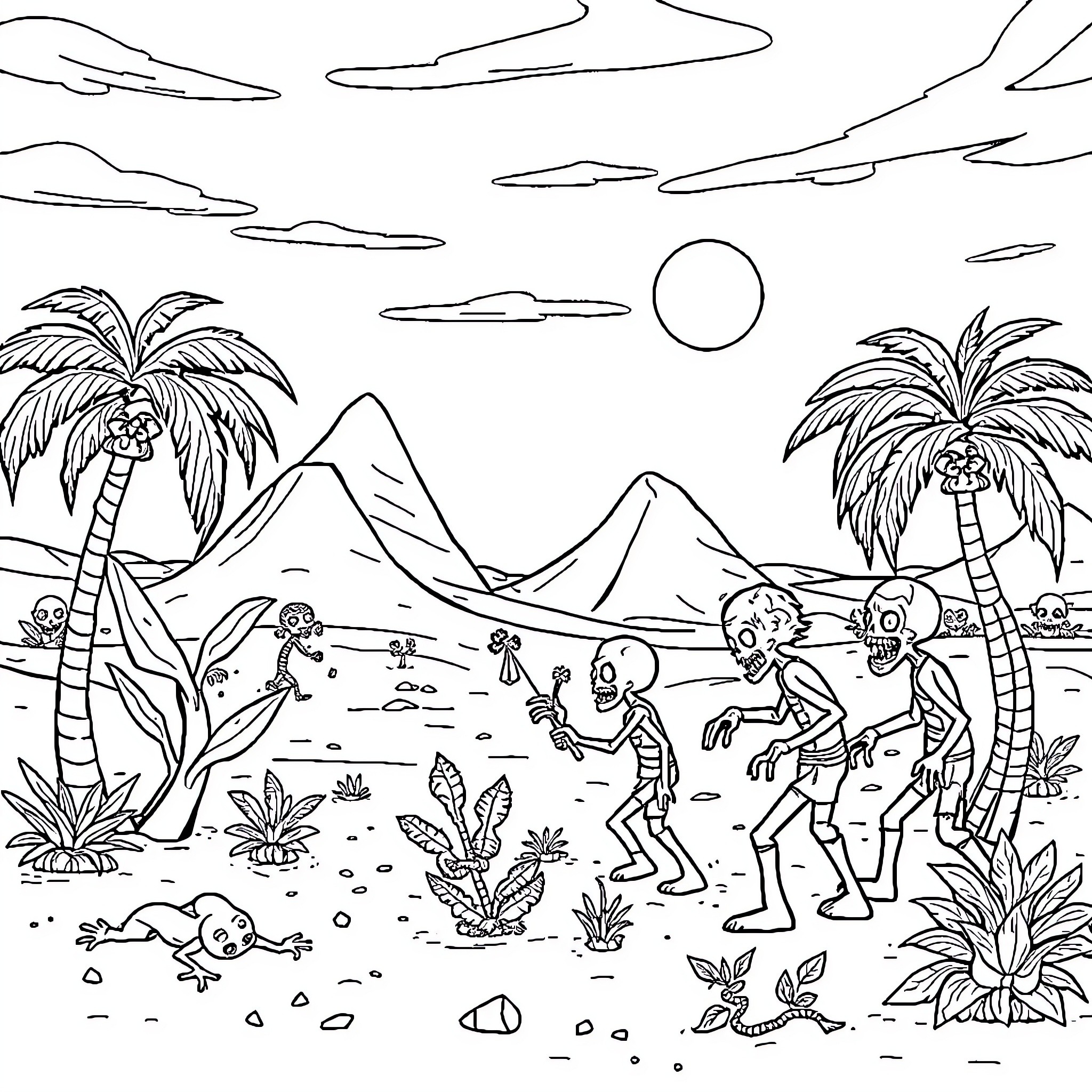 Plant life and tribal people in tropical landscape Coloring Page (free black-and-white line drawing printable PDF for all, from beginners to advanced learners, including children, teens, adults, and seniors)