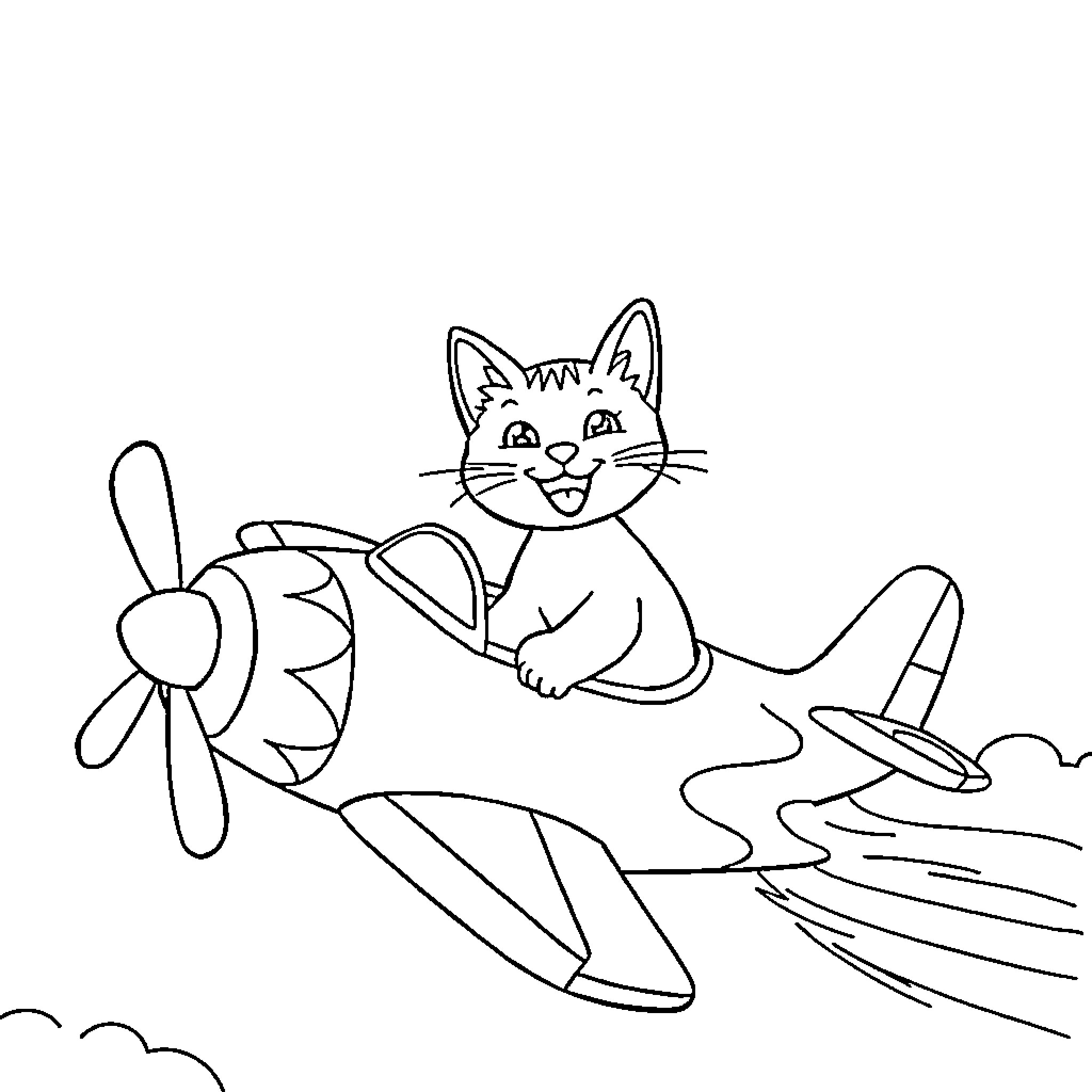 Cat flying an airplane in the sky Coloring Page (free black-and-white line drawing printable PDF for all, from beginners to advanced learners, including children, teens, adults, and seniors)