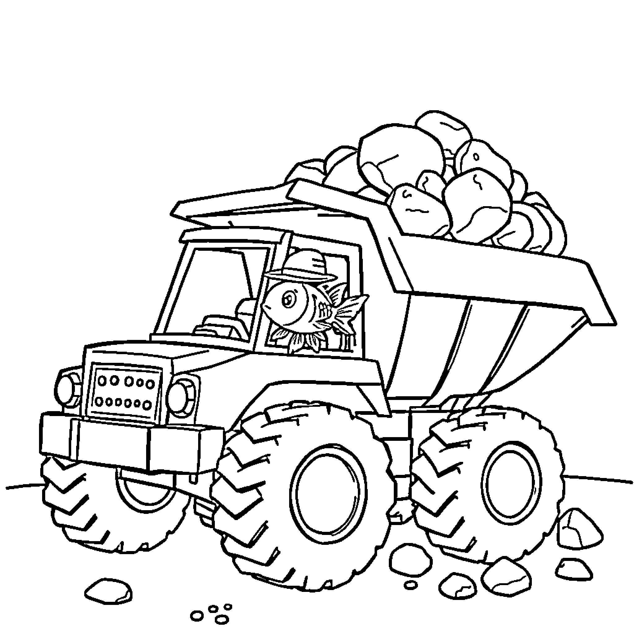 Goldfish truck carrying large rocks and stones Coloring Page (free black-and-white line drawing printable PDF for all, from beginners to advanced learners, including children, teens, adults, and seniors)