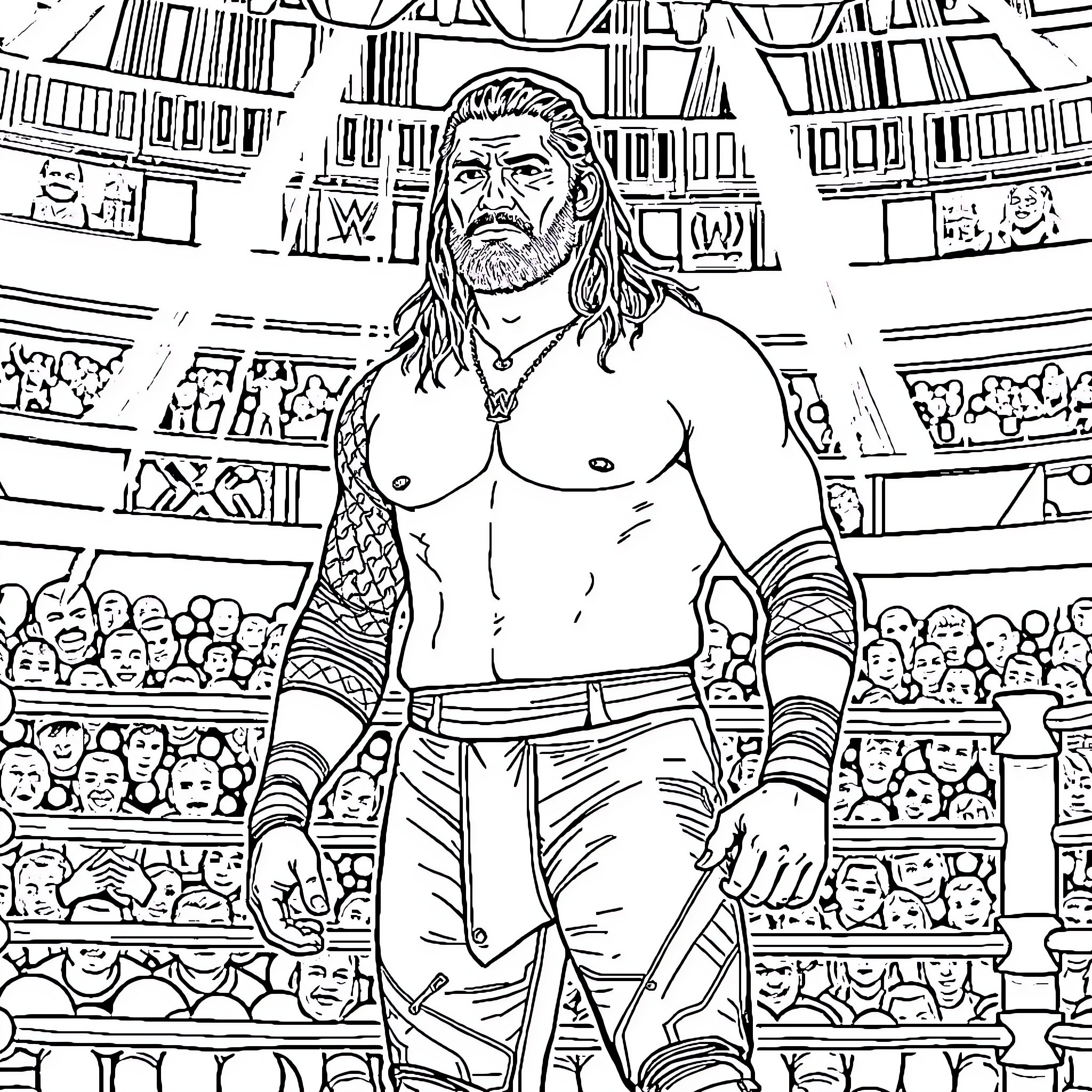 Roman Reigns Dominates the Wrestling Arena Coloring Page (free black-and-white line drawing printable PDF for all, from beginners to advanced learners, including children, teens, adults, and seniors)