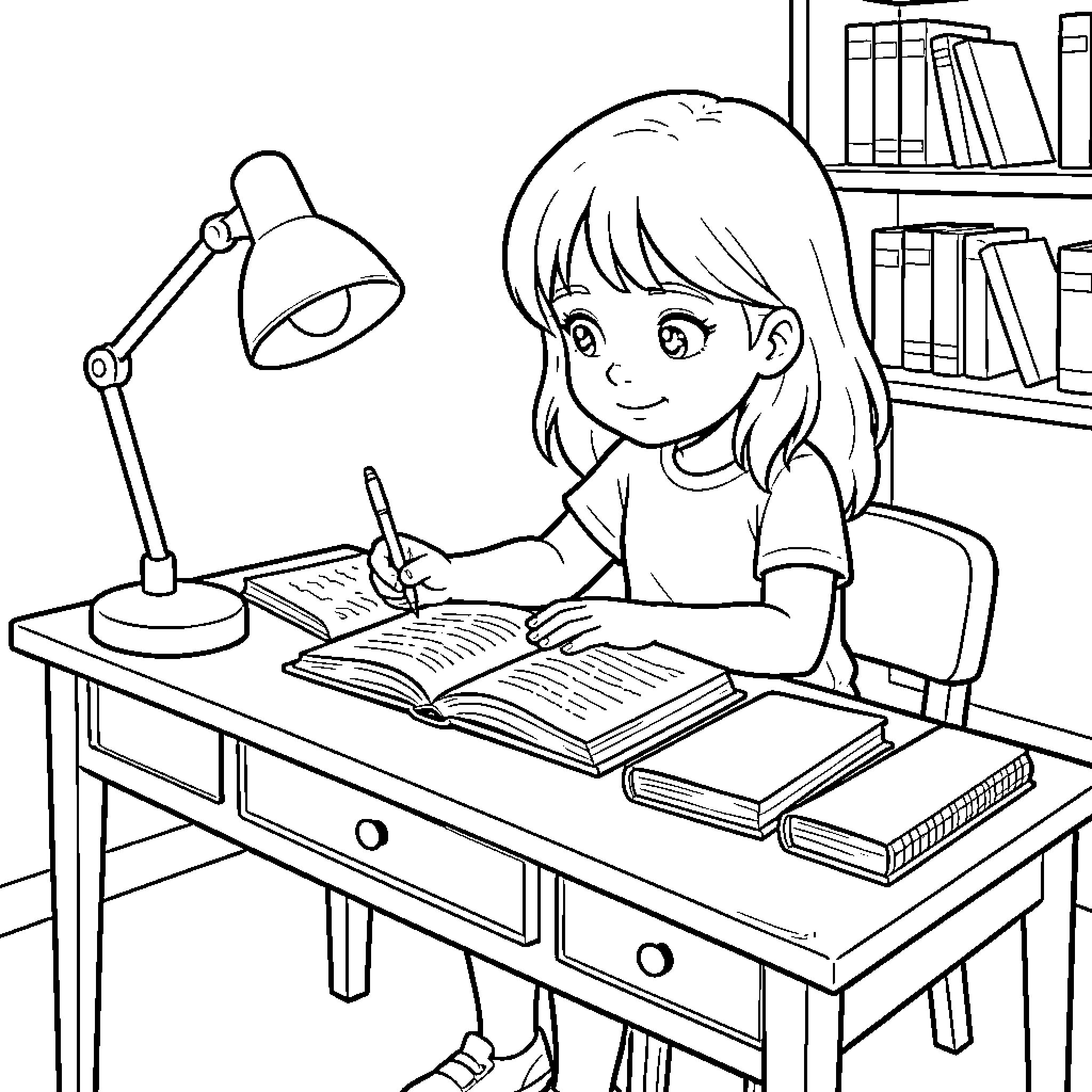 Girl intently studying at her desk in the library Coloring Page (free black-and-white line drawing printable PDF for all, from beginners to advanced learners, including children, teens, adults, and seniors)
