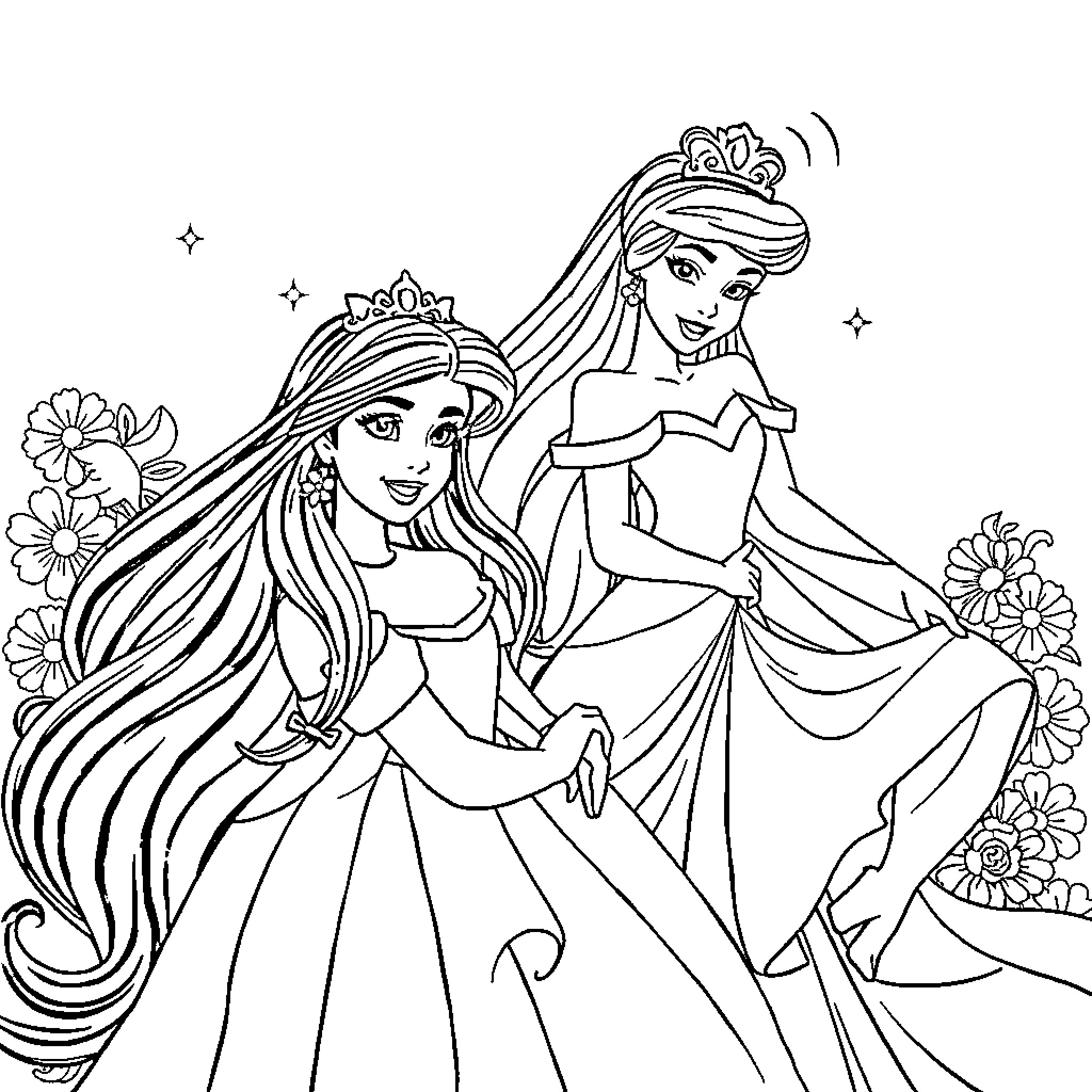 Disney Princesses in Elegant Ballroom Attire Coloring Page (free black-and-white line drawing printable PDF for all, from beginners to advanced learners, including children, teens, adults, and seniors)
