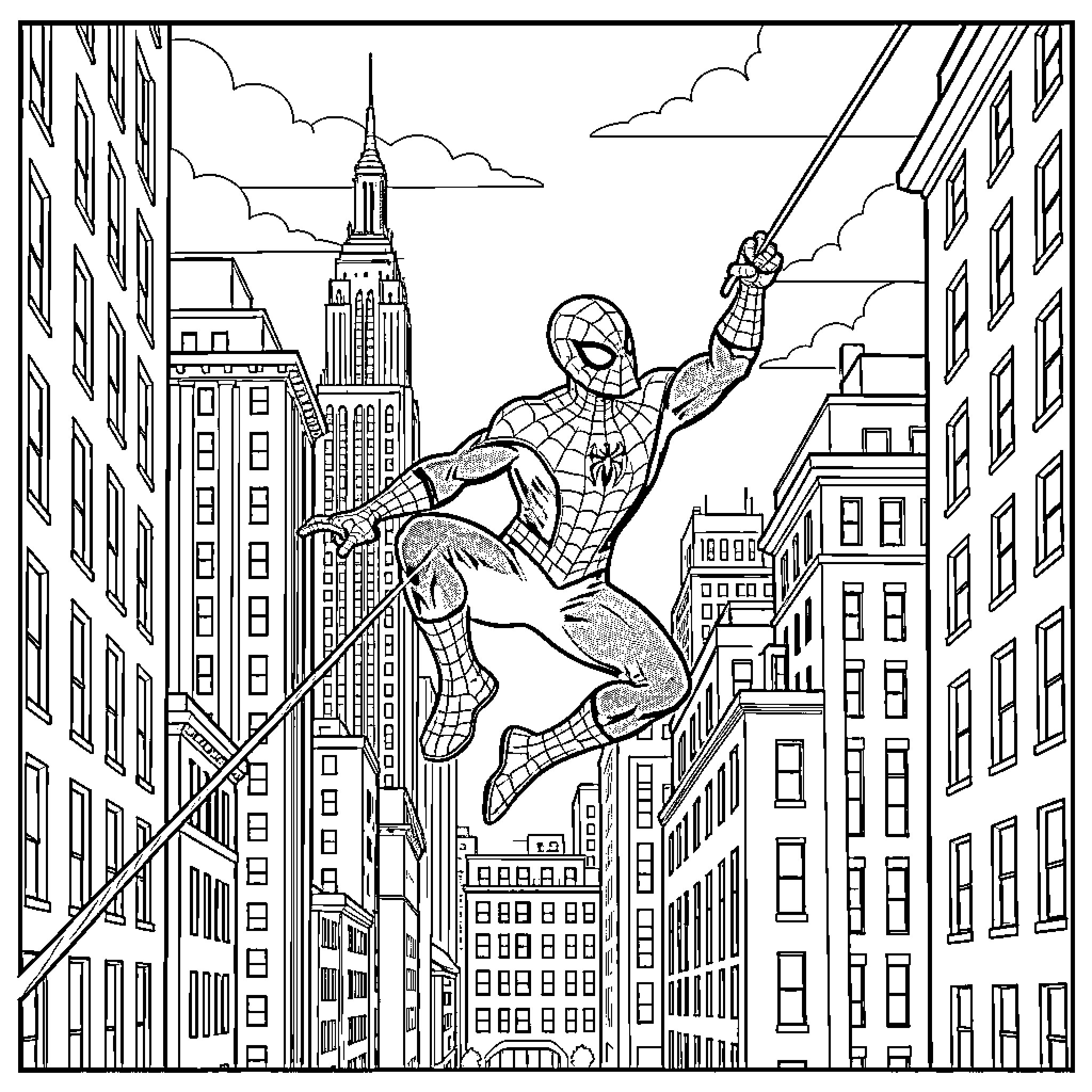 Spiderman swinging through skyscrapers in the city Coloring Page (free black-and-white line drawing printable PDF for all, from beginners to advanced learners, including children, teens, adults, and seniors)