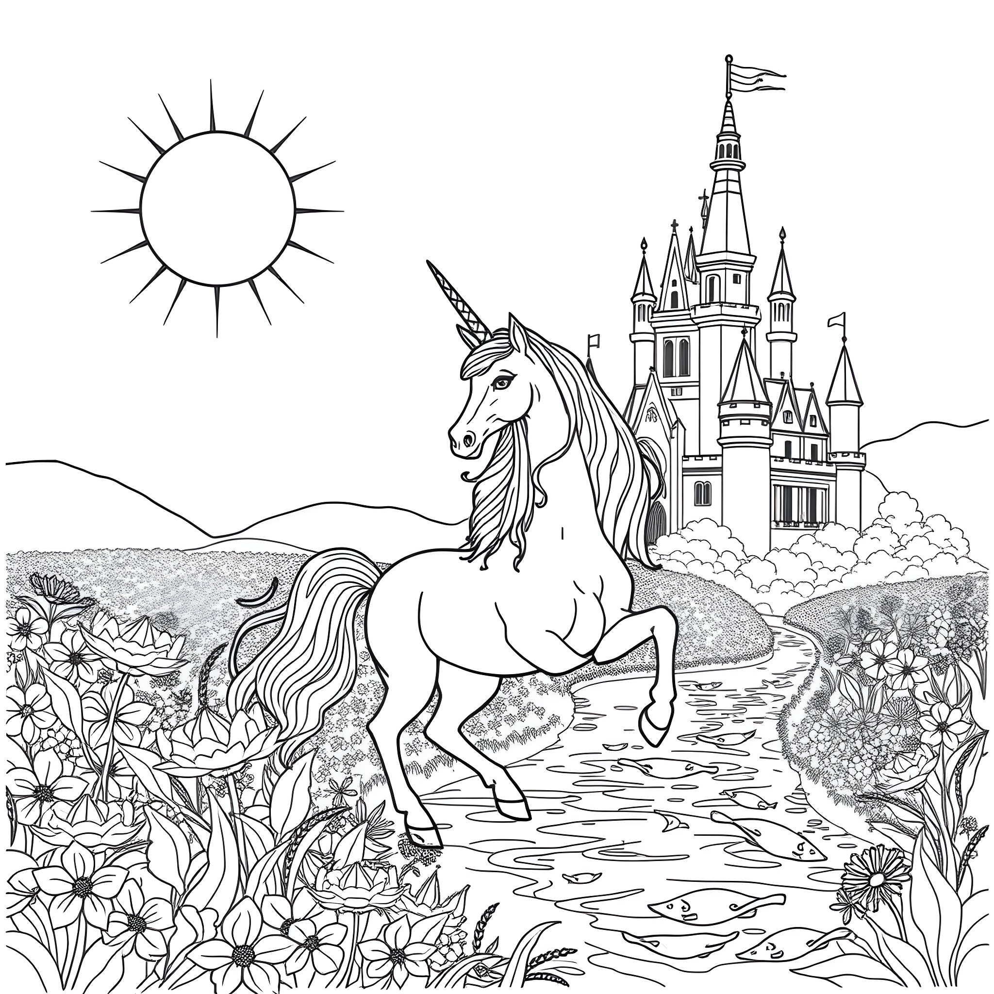 Sun-Filled Unicorn Adventure in a Fantasy Realm Coloring Page (free black-and-white line drawing printable PDF for all, from beginners to advanced learners, including children, teens, adults, and seniors)