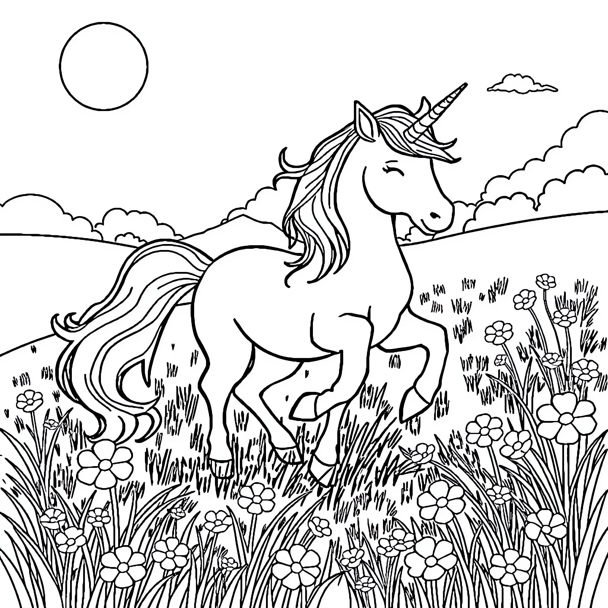 Unicorn prancing gracefully in a floral meadow Coloring Page (free black-and-white line drawing printable PDF for all, from beginners to advanced learners, including children, teens, adults, and seniors)